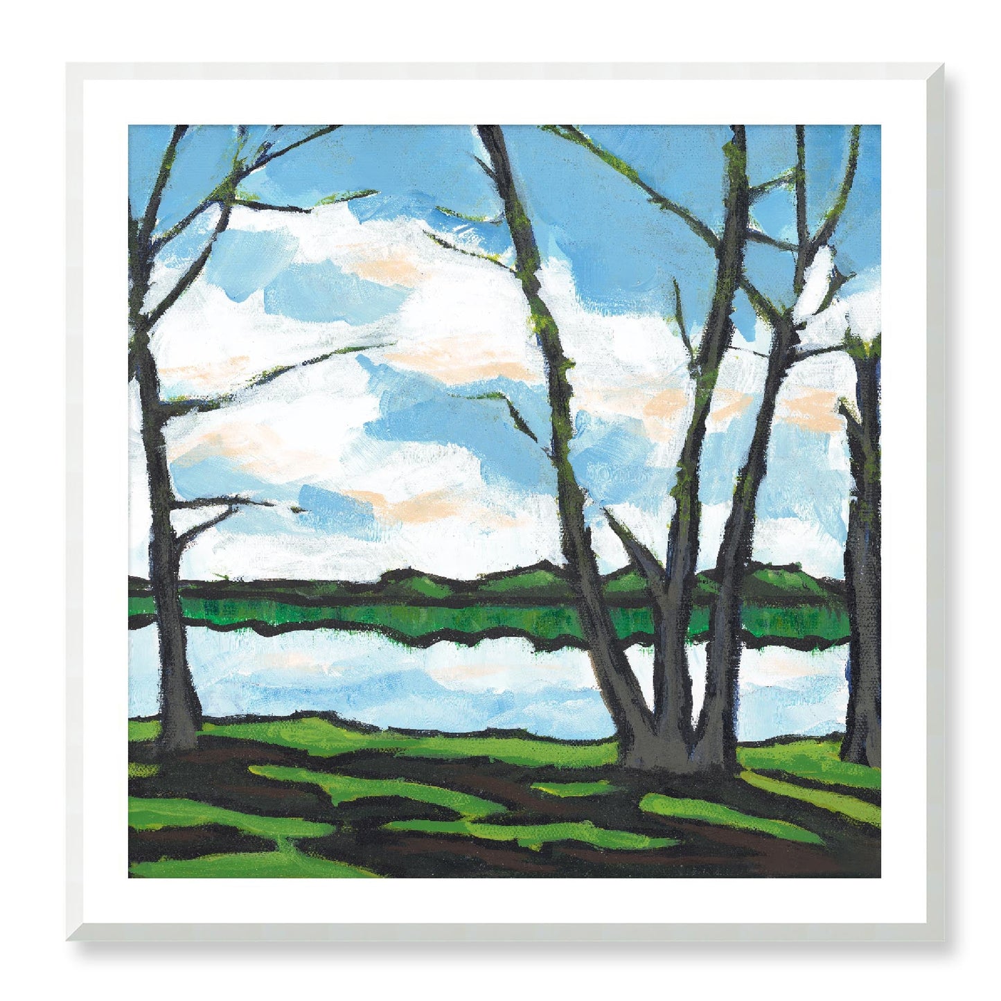 Framed Fine Art Print, White Mat - 12x12 16x16 20x20 24x24 28x28 32x32 36x36 40x40 inches | Lakeshore in Acrylic, FPS-1101, Prints, Fine art, Natural Frame, 91 x 91 cm ,36 x 36 inches