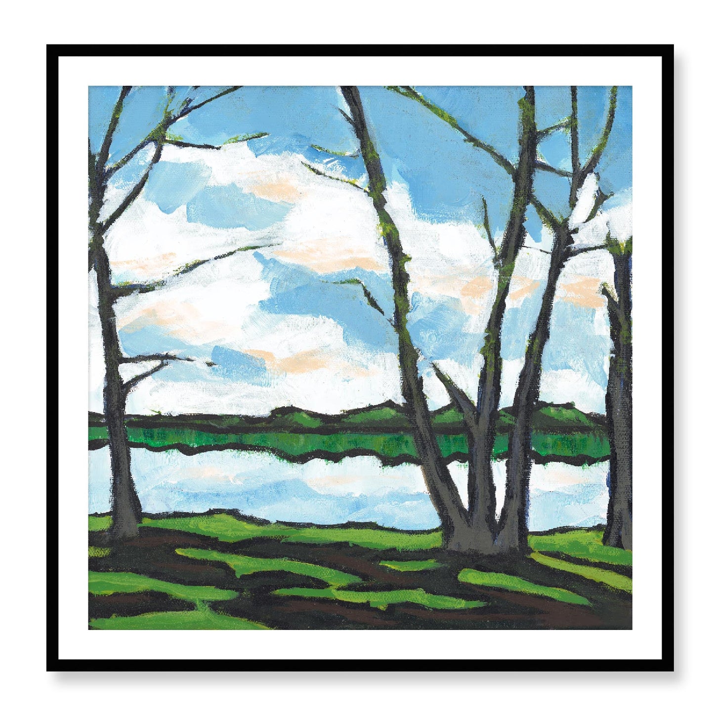 Framed Fine Art Print, White Mat - 12x12 16x16 20x20 24x24 28x28 32x32 36x36 40x40 inches | Lakeshore in Acrylic, FPS-1101, Prints, Fine art, Black Frame, 102 x 102 cm ,40 x 40 inches