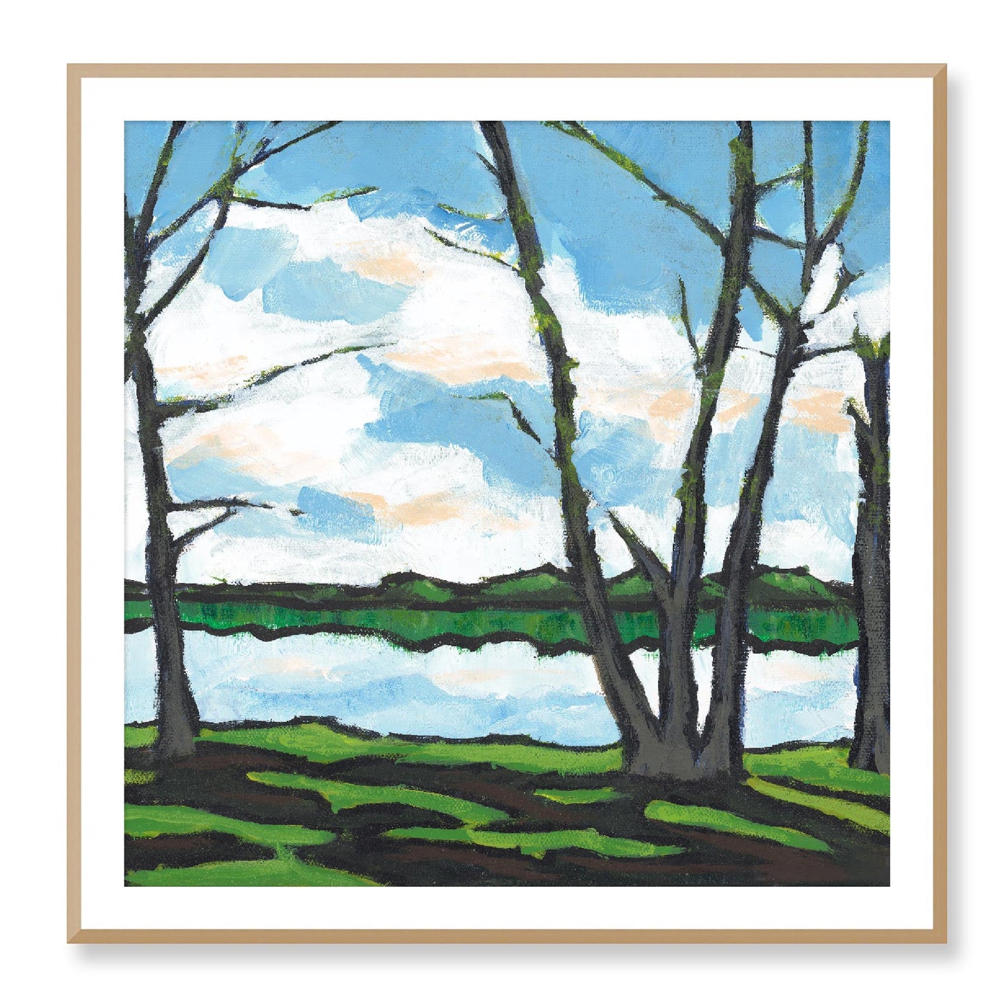 Framed Fine Art Print, White Mat - 12x12 16x16 20x20 24x24 28x28 32x32 36x36 40x40 inches | Lakeshore in Acrylic, FPS-1101, Prints, Fine art, White Frame, 102 x 102 cm ,40 x 40 inches