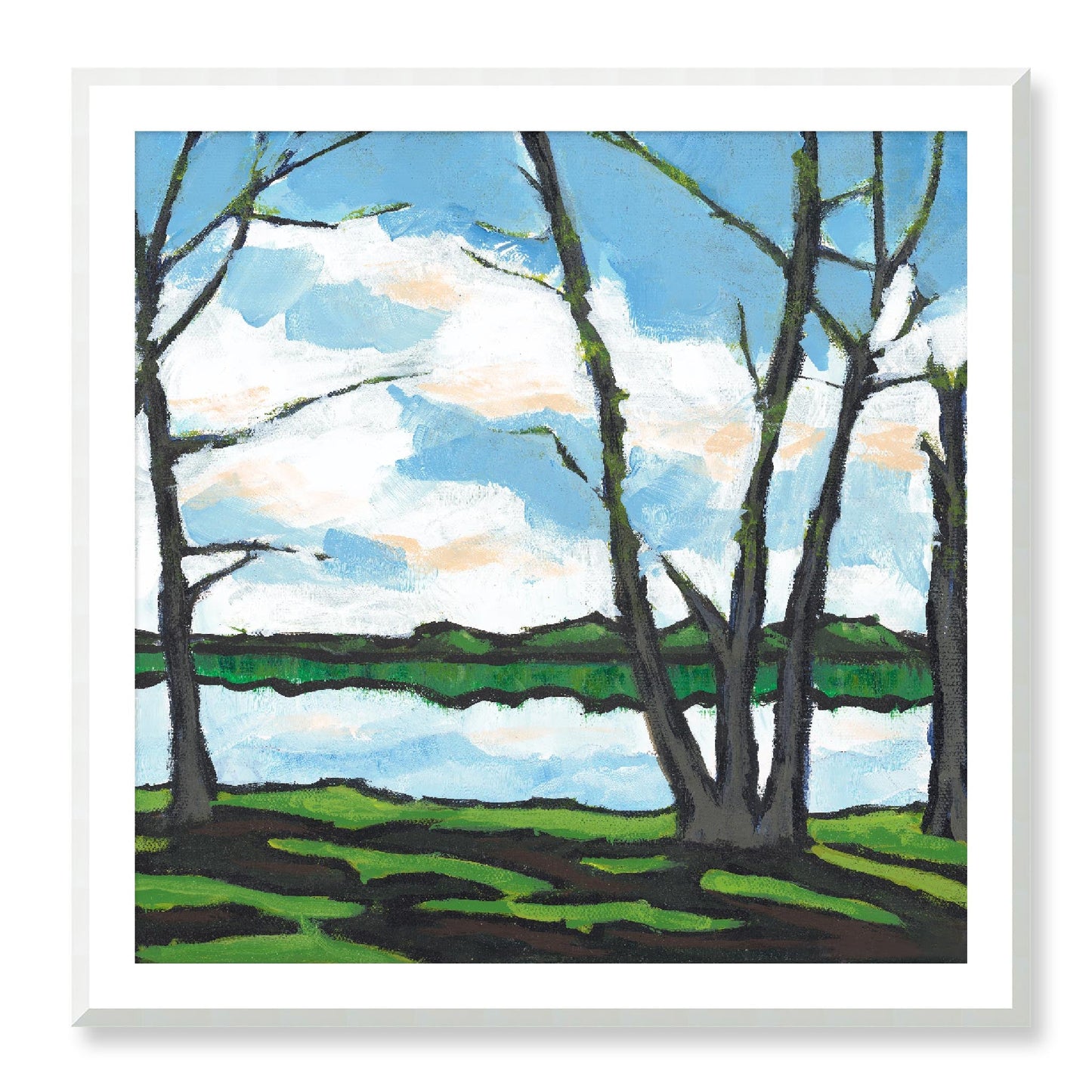 Framed Fine Art Print, White Mat - 12x12 16x16 20x20 24x24 28x28 32x32 36x36 40x40 inches | Lakeshore in Acrylic, FPS-1101, Prints, Fine art, Natural Frame, 102 x 102 cm ,40 x 40 inches