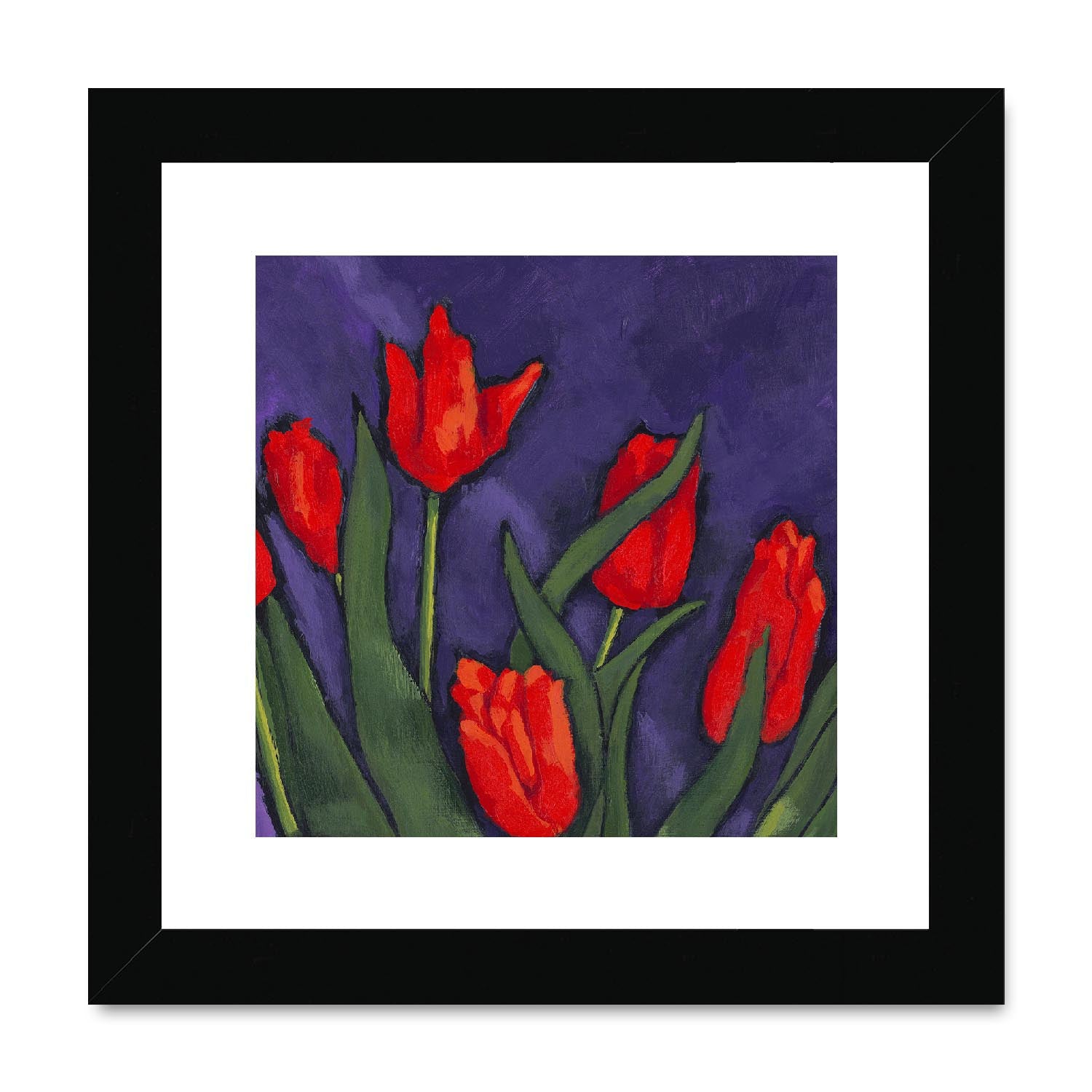 Framed Fine Art Print, White Mat,Red Tulips in Acrylic, FPS-1111, 8"x8", Black Frame