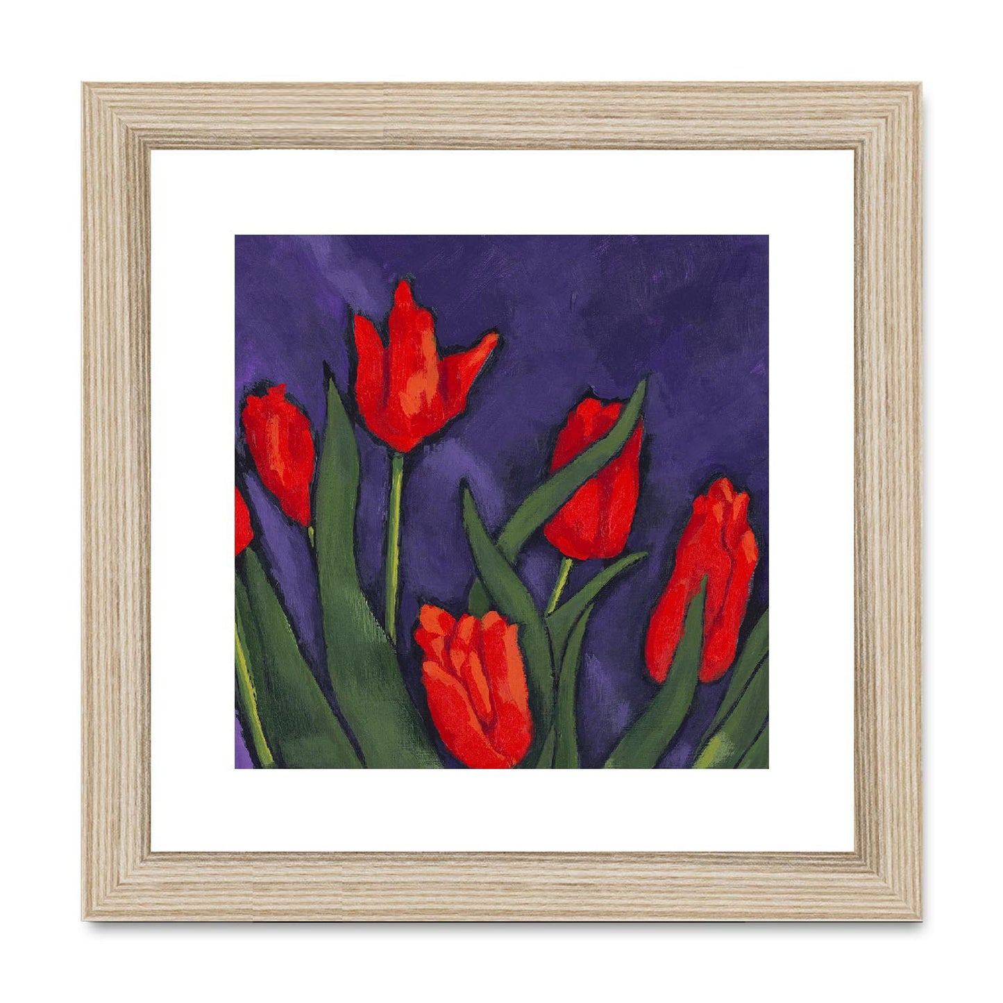 Framed Fine Art Print, White Mat,Red Tulips in Acrylic, FPS-1111, 8"x8", Natural Frame