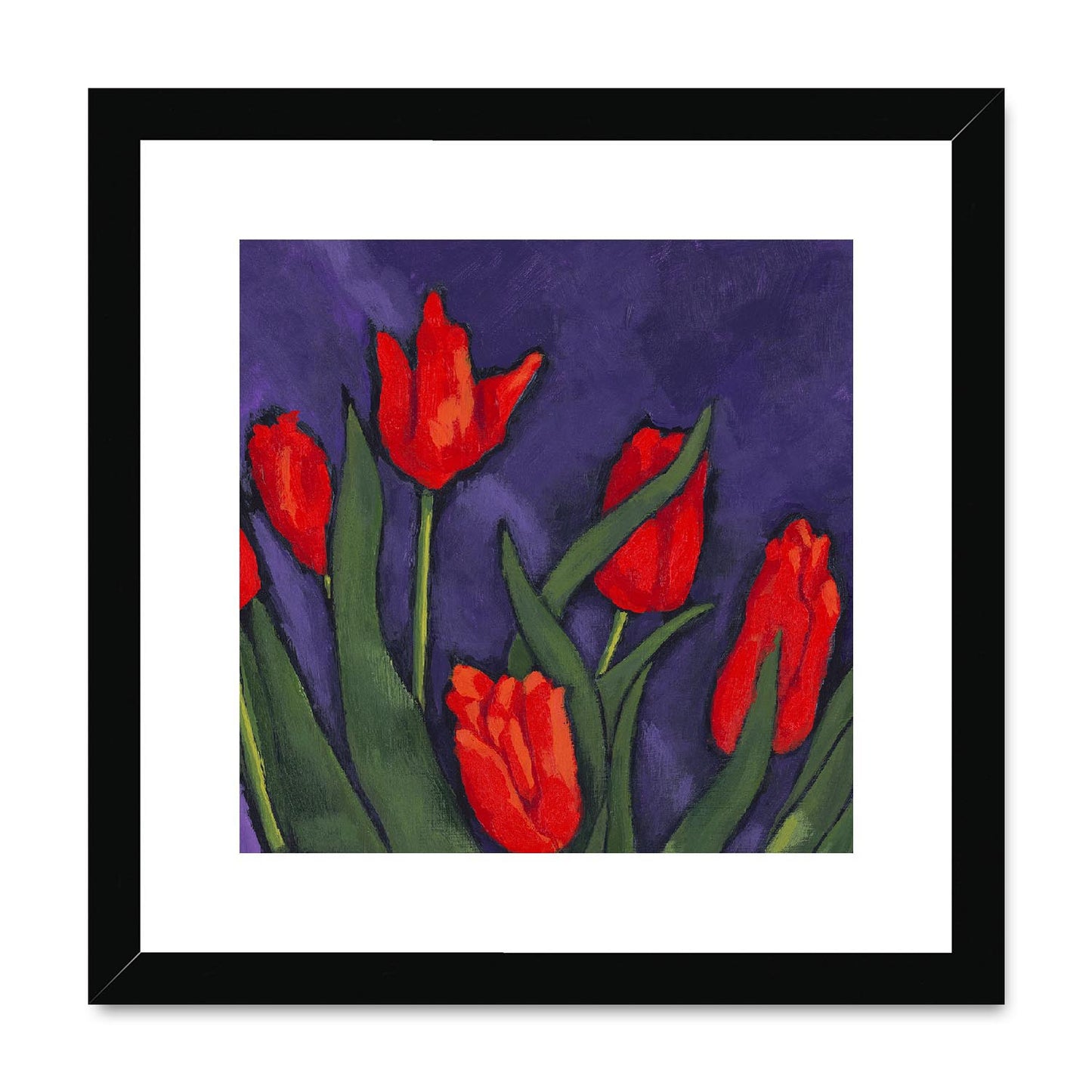 Framed Fine Art Print, White Mat,Red Tulips in Acrylic, FPS-1111, 12"x12", Black Frame