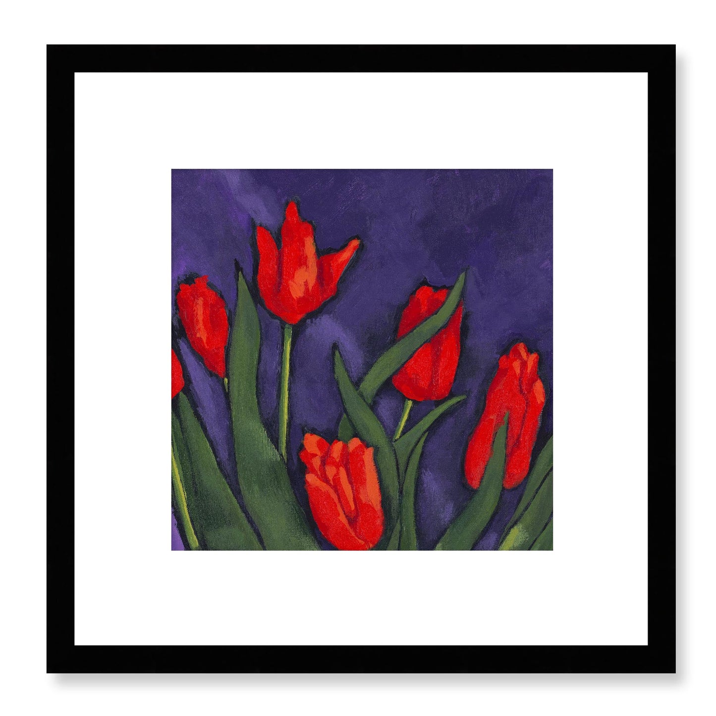 Framed Fine Art Print, White Mat - 12x12 16x16 20x20 24x24 28x28 32x32 36x36 40x40 inches | Red Tulips in Acrylic, FPS-1111, Prints, Fine art, Black Frame, 30 x 30 cm ,12 x 12 inches