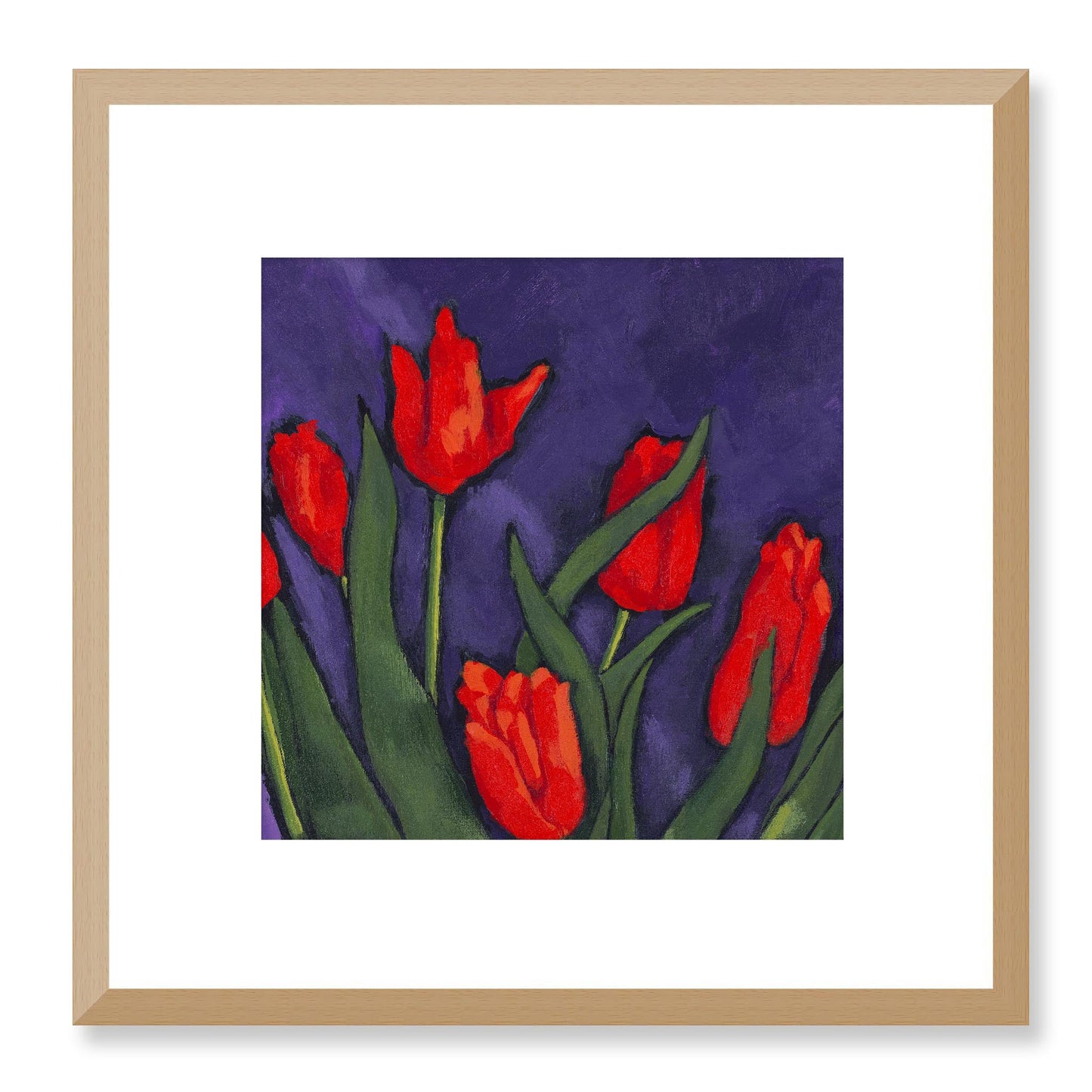Framed Fine Art Print, White Mat - 12x12 16x16 20x20 24x24 28x28 32x32 36x36 40x40 inches | Red Tulips in Acrylic, FPS-1111, Prints, Fine art, Natural Frame, 30 x 30 cm ,12 x 12 inches