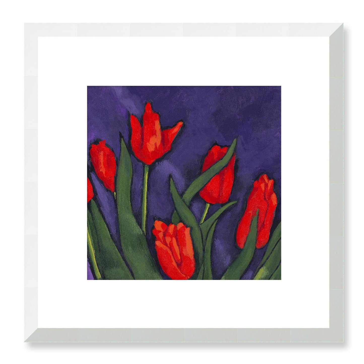 Framed Fine Art Print, White Mat - 12x12 16x16 20x20 24x24 28x28 32x32 36x36 40x40 inches | Red Tulips in Acrylic, FPS-1111, Prints, Fine art, White Frame, 30 x 30 cm ,12 x 12 inches