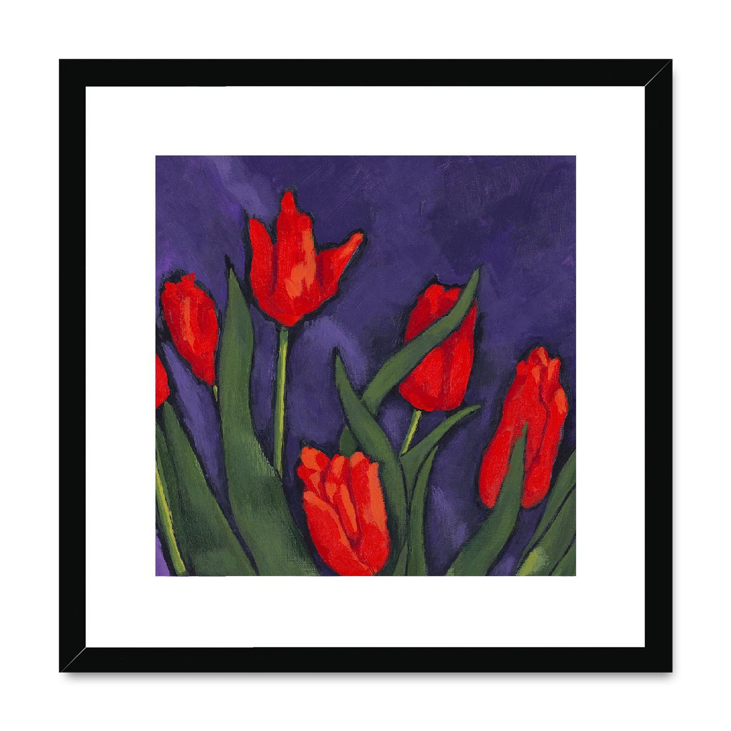 Framed Fine Art Print, White Mat,Red Tulips in Acrylic, FPS-1111, 16"x16", Black Frame