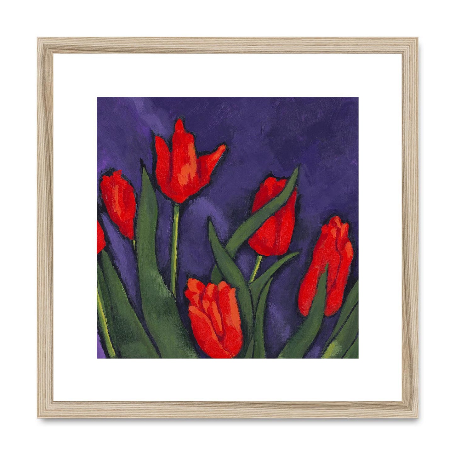 Framed Fine Art Print, White Mat,Red Tulips in Acrylic, FPS-1111, 16"x16", Natural Frame
