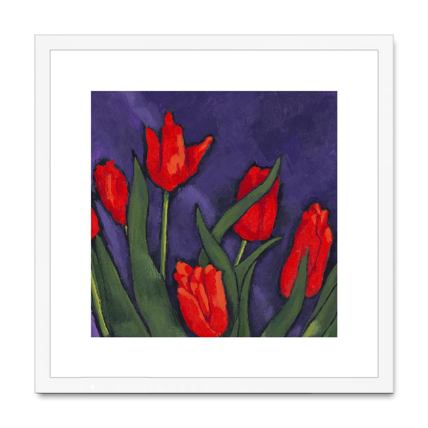 Framed Fine Art Print, White Mat,Red Tulips in Acrylic, FPS-1111, 16"x16", White Frame