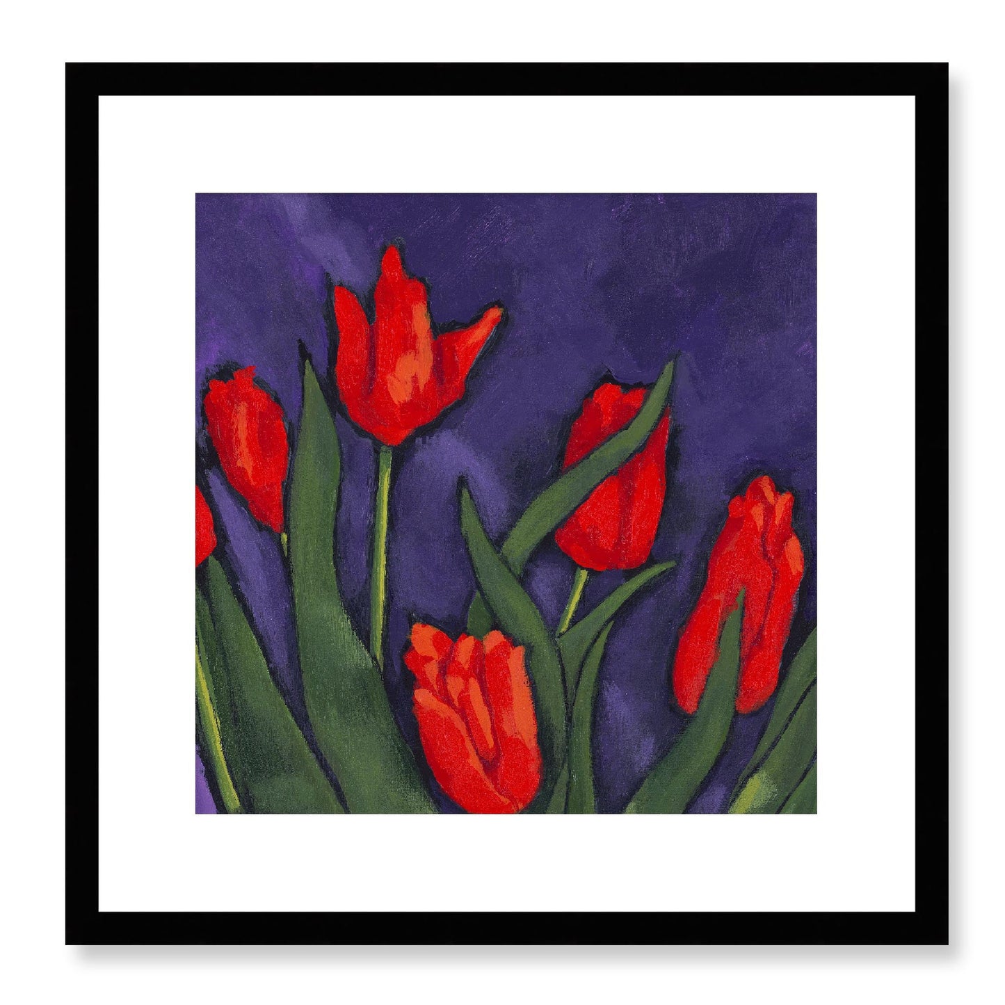 Framed Fine Art Print, White Mat - 12x12 16x16 20x20 24x24 28x28 32x32 36x36 40x40 inches | Red Tulips in Acrylic, FPS-1111, Prints, Fine art, Black Frame, 41 x 41 cm ,16 x 16 inches