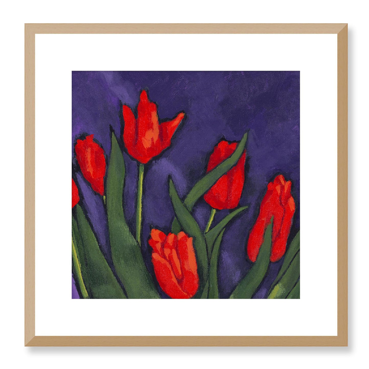 Framed Fine Art Print, White Mat - 12x12 16x16 20x20 24x24 28x28 32x32 36x36 40x40 inches | Red Tulips in Acrylic, FPS-1111, Prints, Fine art, Natural Frame, 41 x 41 cm ,16 x 16 inches