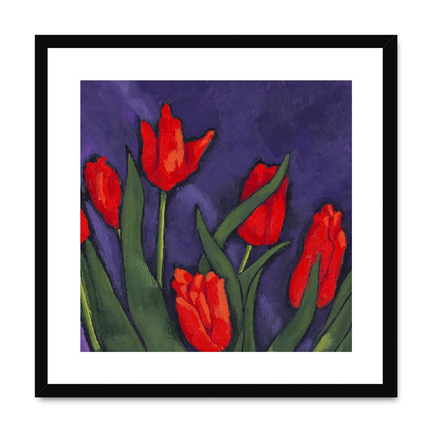 Framed Fine Art Print, White Mat,Red Tulips in Acrylic, FPS-1111, 20"x20", Black Frame