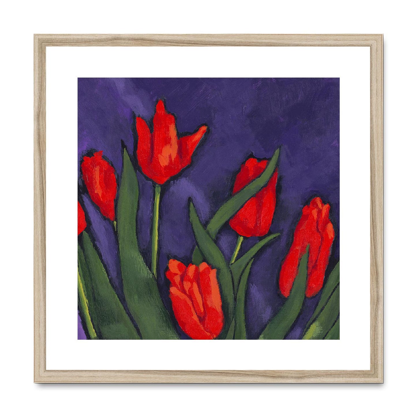 Framed Fine Art Print, White Mat,Red Tulips in Acrylic, FPS-1111, 20"x20", Natural Frame