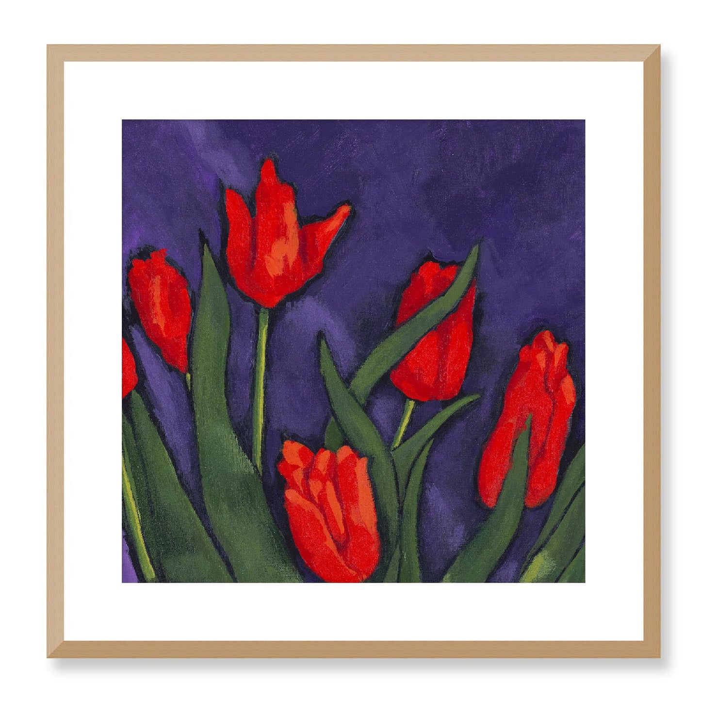 Framed Fine Art Print, White Mat - 12x12 16x16 20x20 24x24 28x28 32x32 36x36 40x40 inches | Red Tulips in Acrylic, FPS-1111, Prints, Fine art, Natural Frame, 51 x 51 cm ,20 x 20 inches