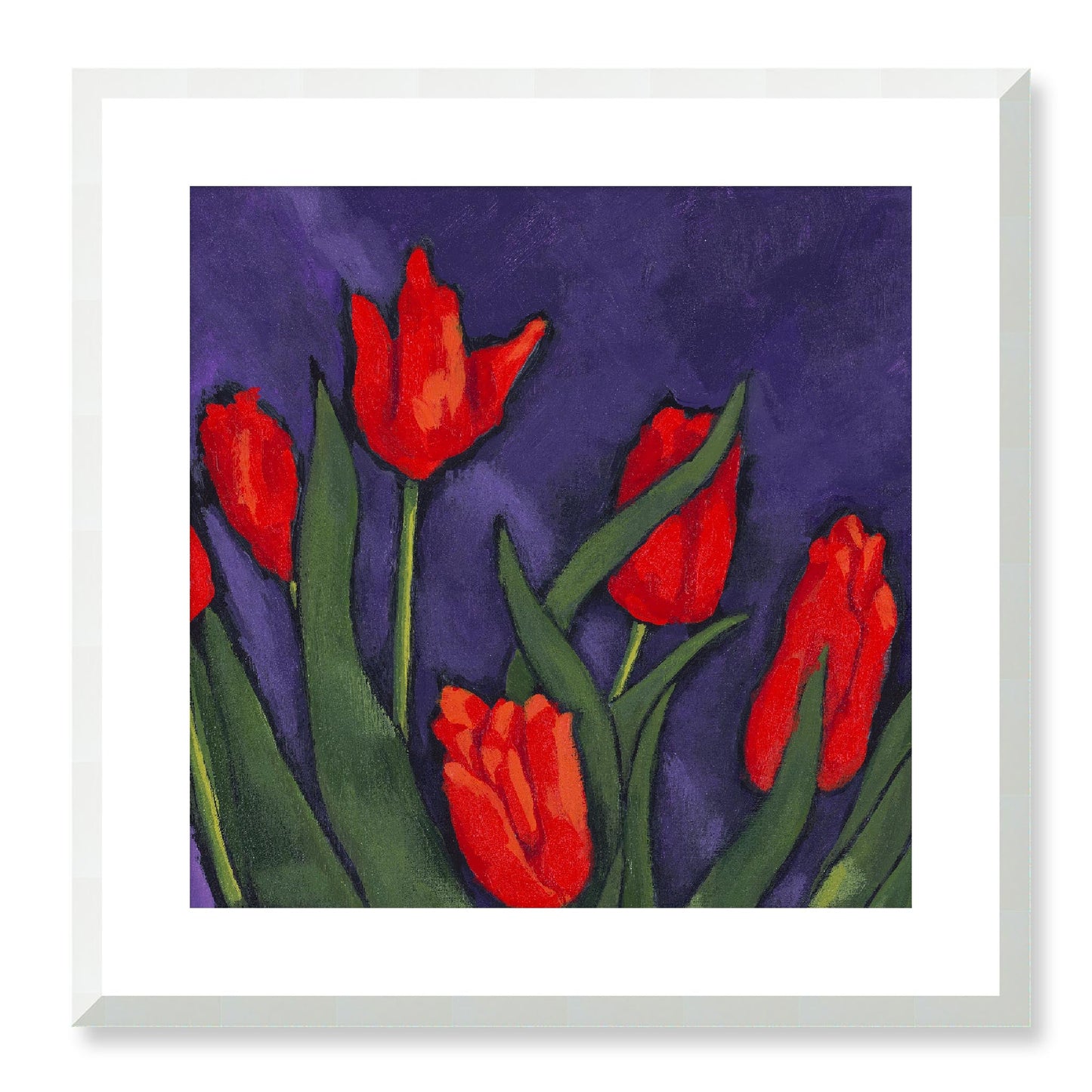 Framed Fine Art Print, White Mat - 12x12 16x16 20x20 24x24 28x28 32x32 36x36 40x40 inches | Red Tulips in Acrylic, FPS-1111, Prints, Fine art, White Frame, 51 x 51 cm ,20 x 20 inches