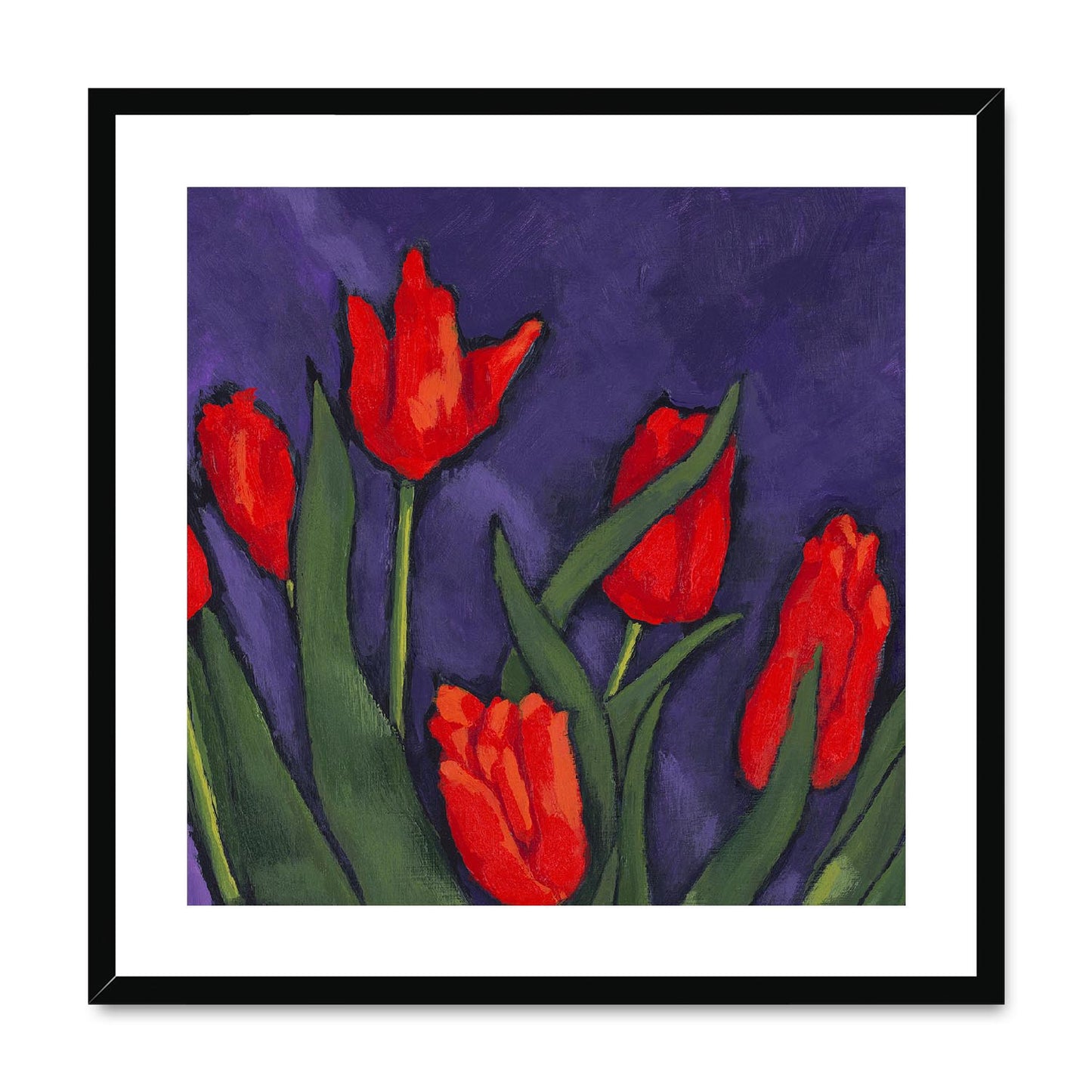 Framed Fine Art Print, White Mat,Red Tulips in Acrylic, FPS-1111, 24"x24", Black Frame