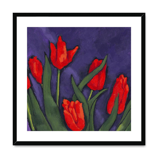 Framed Fine Art Print, White Mat,Red Tulips in Acrylic, FPS-1111, 24"x24", Black Frame