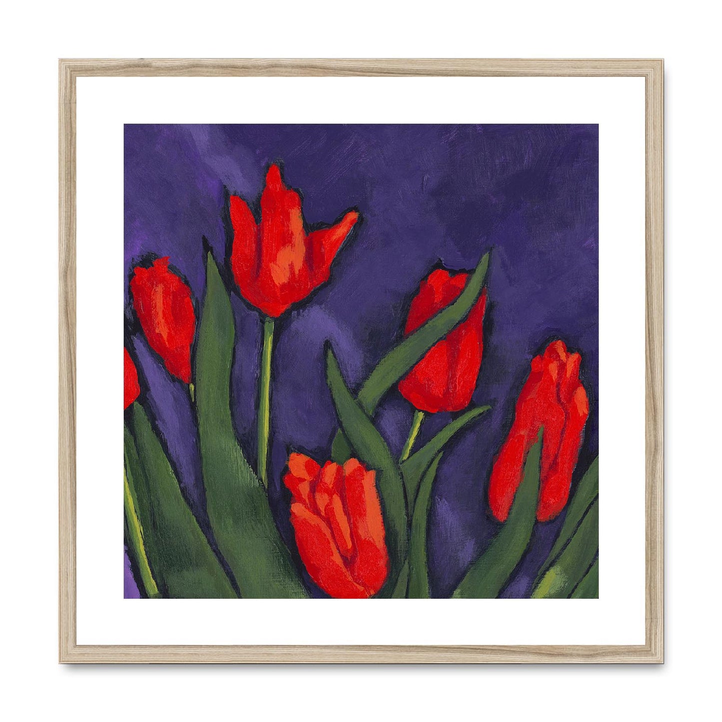 Framed Fine Art Print, White Mat,Red Tulips in Acrylic, FPS-1111, 24"x24", Natural Frame