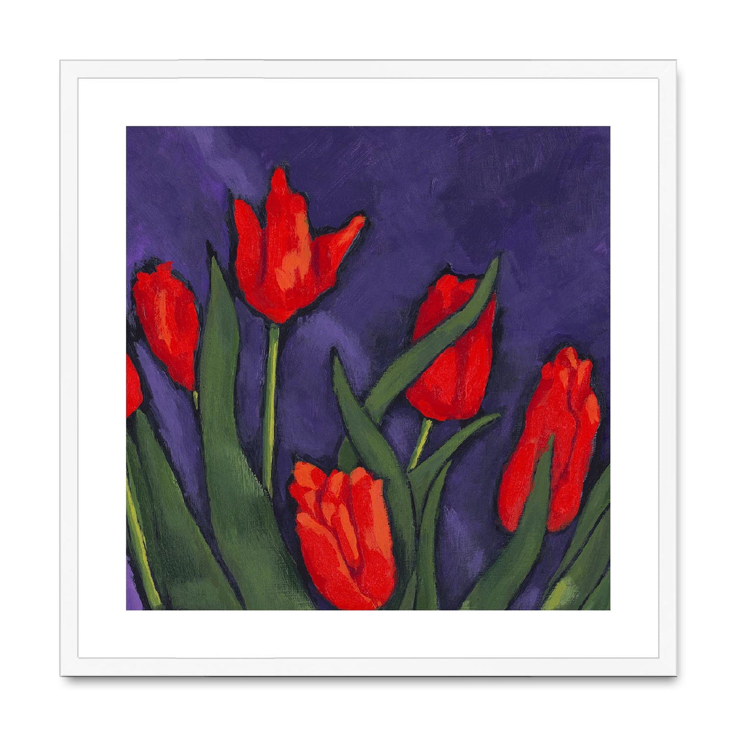 Framed Fine Art Print, White Mat,Red Tulips in Acrylic, FPS-1111, 24"x24", White Frame