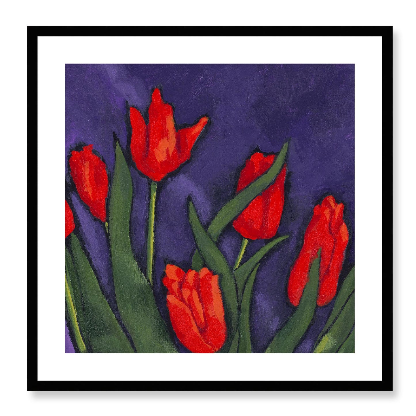 Framed Fine Art Print, White Mat - 12x12 16x16 20x20 24x24 28x28 32x32 36x36 40x40 inches | Red Tulips in Acrylic, FPS-1111, Prints, Fine art, Black Frame, 61 x 61 cm ,24 x 24 inches