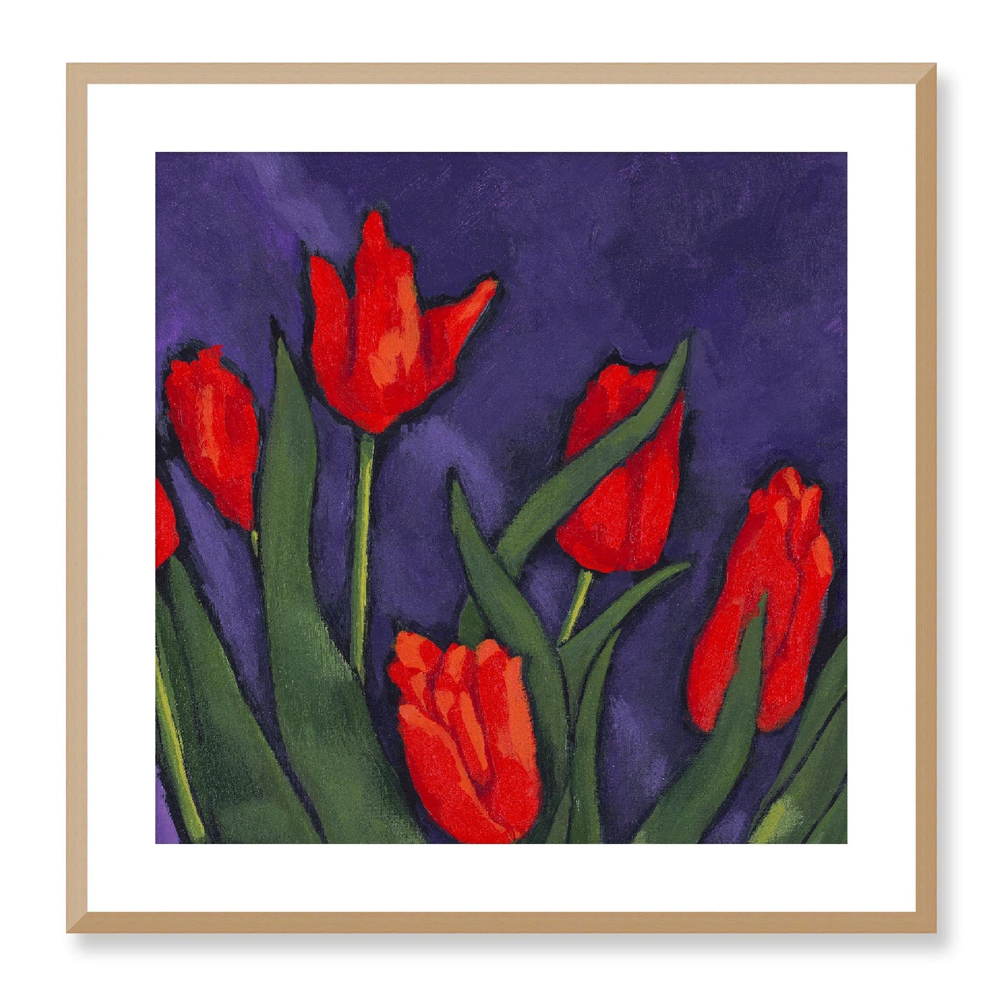 Framed Fine Art Print, White Mat - 12x12 16x16 20x20 24x24 28x28 32x32 36x36 40x40 inches | Red Tulips in Acrylic, FPS-1111, Prints, Fine art, Natural Frame, 61 x 61 cm ,24 x 24 inches