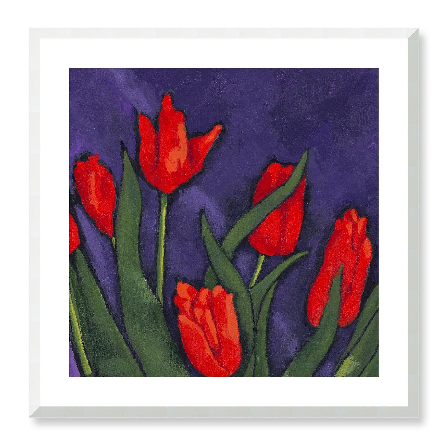 Framed Fine Art Print, White Mat - 12x12 16x16 20x20 24x24 28x28 32x32 36x36 40x40 inches | Red Tulips in Acrylic, FPS-1111, Prints, Fine art, White Frame, 61 x 61 cm ,24 x 24 inches