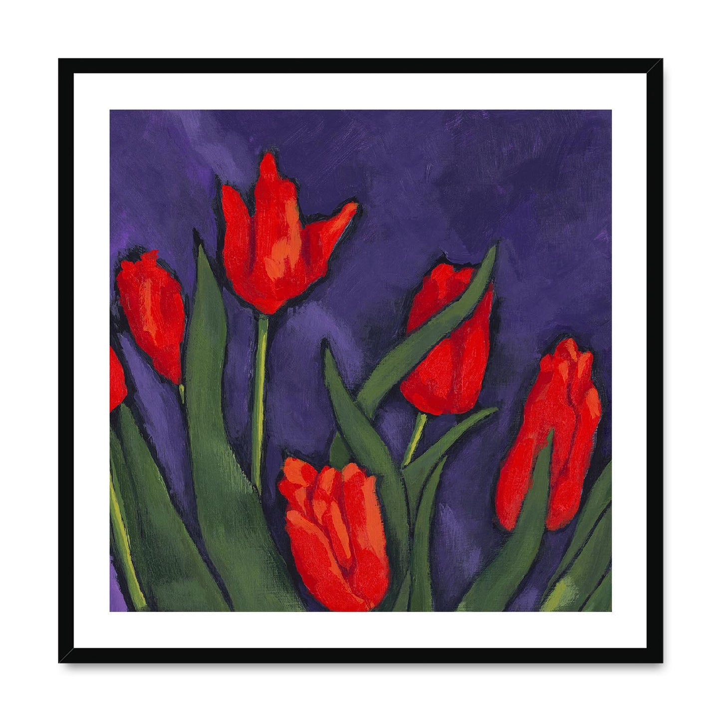Framed Fine Art Print, White Mat,Red Tulips in Acrylic, FPS-1111, 28"x28", Black Frame