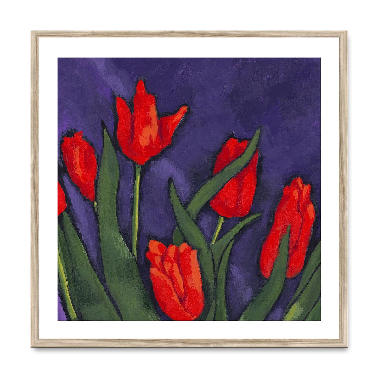 Framed Fine Art Print, White Mat,Red Tulips in Acrylic, FPS-1111, 28"x28", Natural Frame