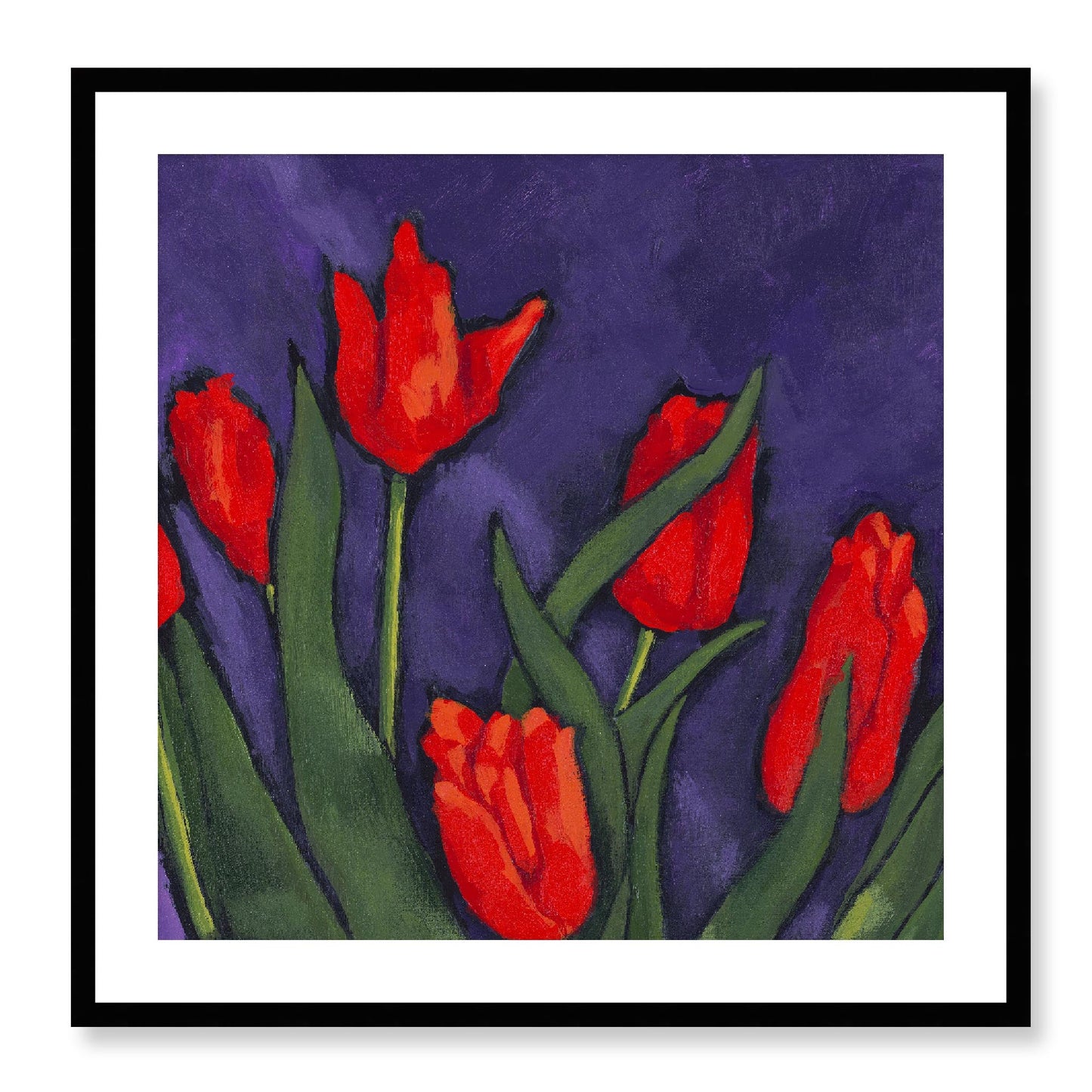 Framed Fine Art Print, White Mat - 12x12 16x16 20x20 24x24 28x28 32x32 36x36 40x40 inches | Red Tulips in Acrylic, FPS-1111, Prints, Fine art, Black Frame, 71 x 71 cm ,28 x 28 inches