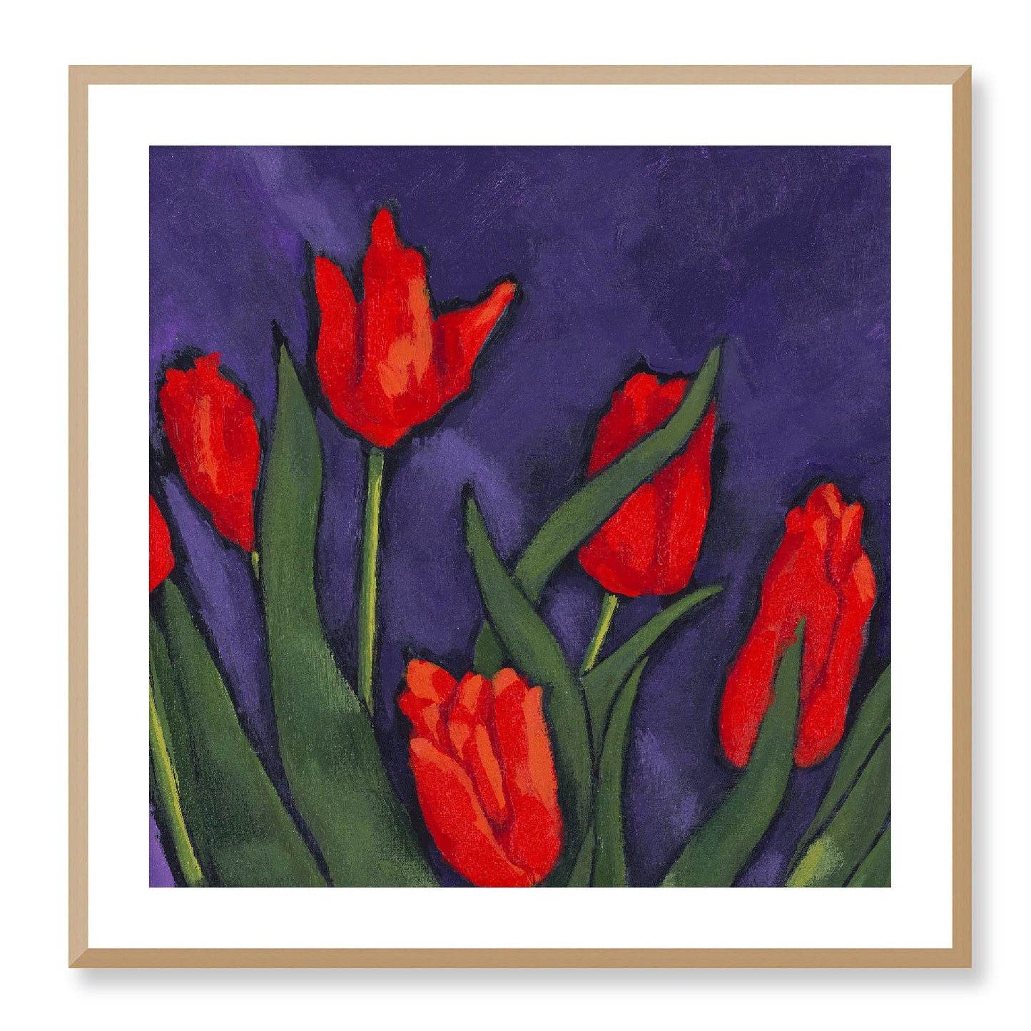 Framed Fine Art Print, White Mat - 12x12 16x16 20x20 24x24 28x28 32x32 36x36 40x40 inches | Red Tulips in Acrylic, FPS-1111, Prints, Fine art, Natural Frame, 71 x 71 cm ,28 x 28 inches