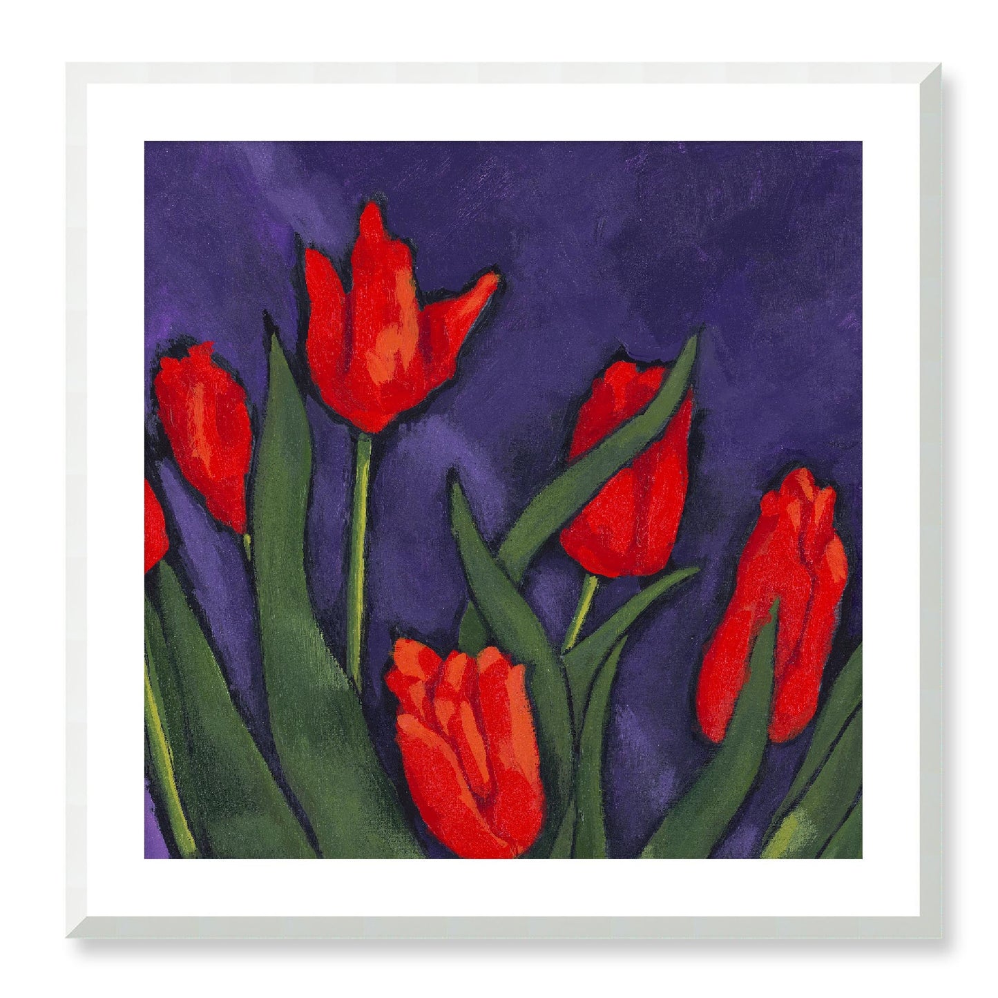 Framed Fine Art Print, White Mat - 12x12 16x16 20x20 24x24 28x28 32x32 36x36 40x40 inches | Red Tulips in Acrylic, FPS-1111, Prints, Fine art, White Frame, 71 x 71 cm ,28 x 28 inches