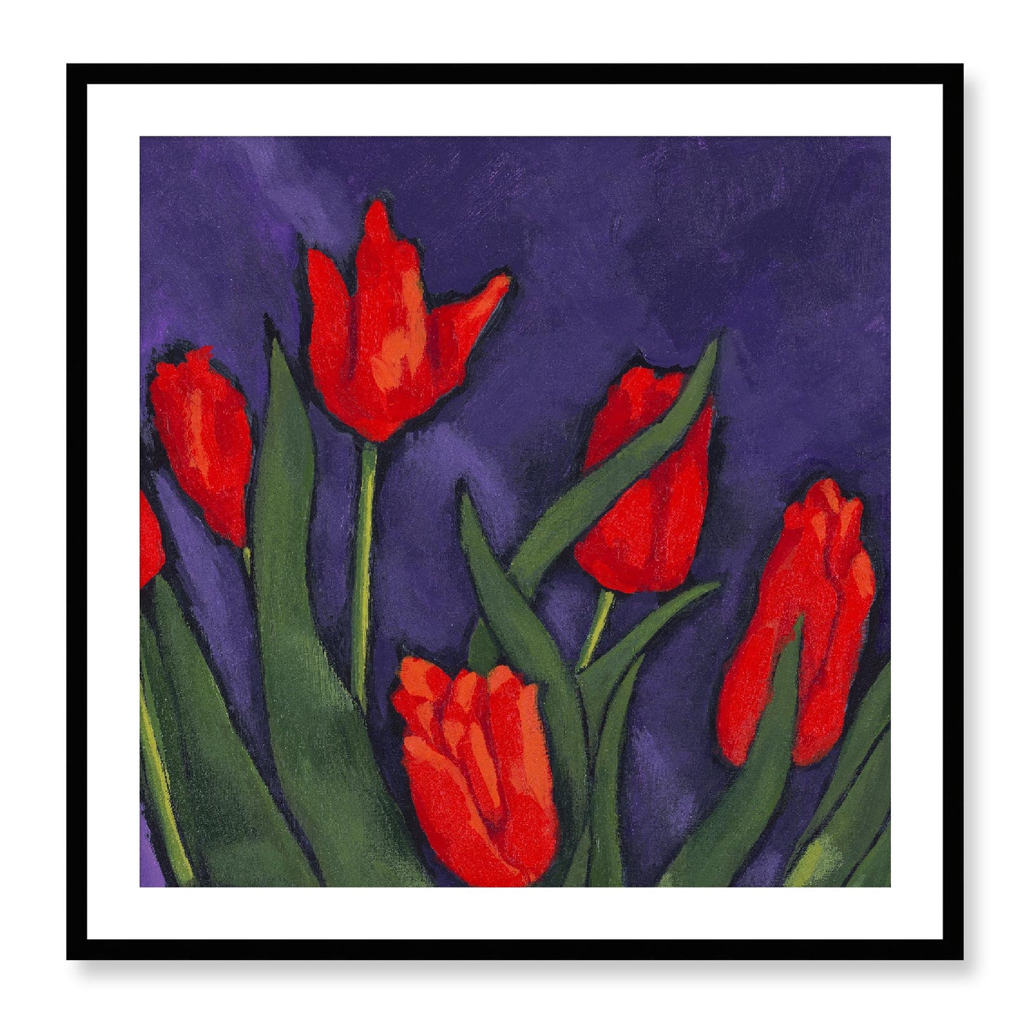 Framed Fine Art Print, White Mat - 12x12 16x16 20x20 24x24 28x28 32x32 36x36 40x40 inches | Red Tulips in Acrylic, FPS-1111, Prints, Fine art, Black Frame, 81 x 81 cm ,32 x 32 inches