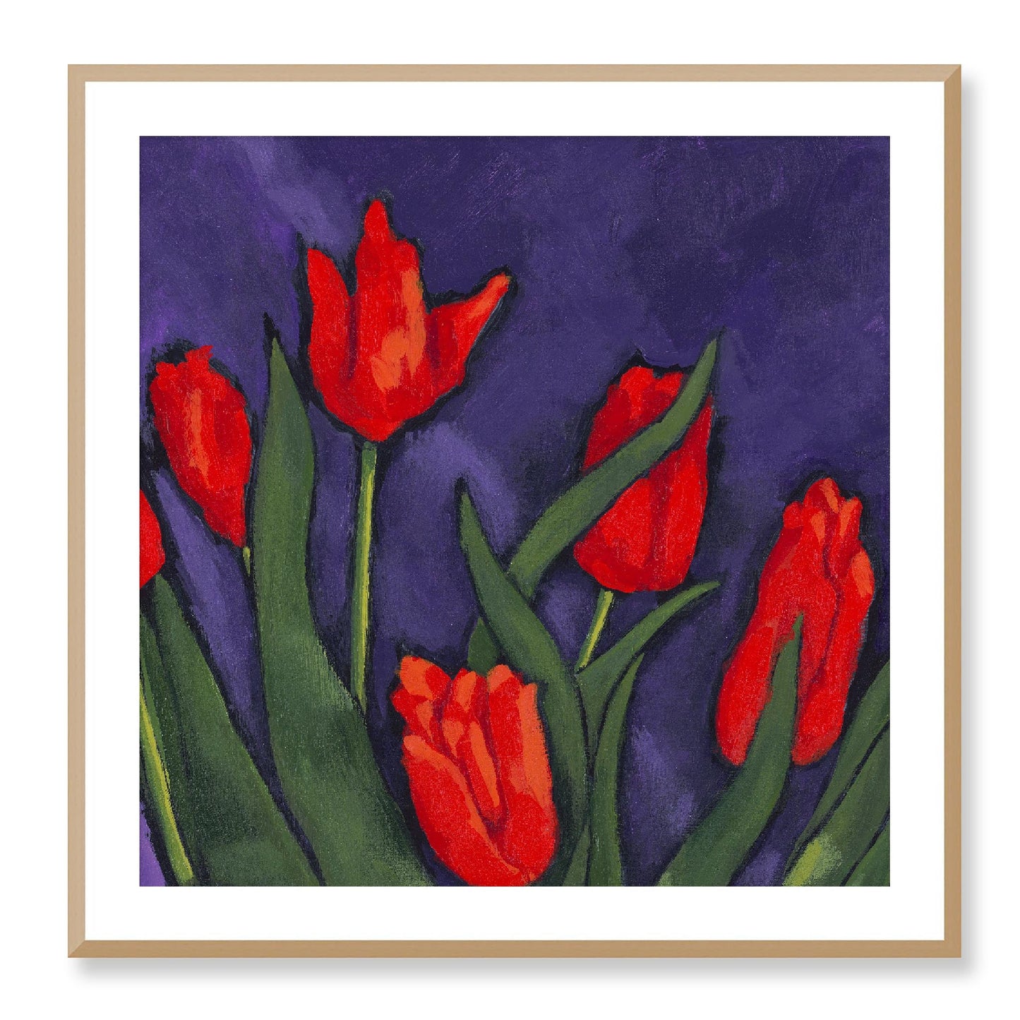 Framed Fine Art Print, White Mat - 12x12 16x16 20x20 24x24 28x28 32x32 36x36 40x40 inches | Red Tulips in Acrylic, FPS-1111, Prints, Fine art, Natural Frame, 81 x 81 cm ,32 x 32 inches