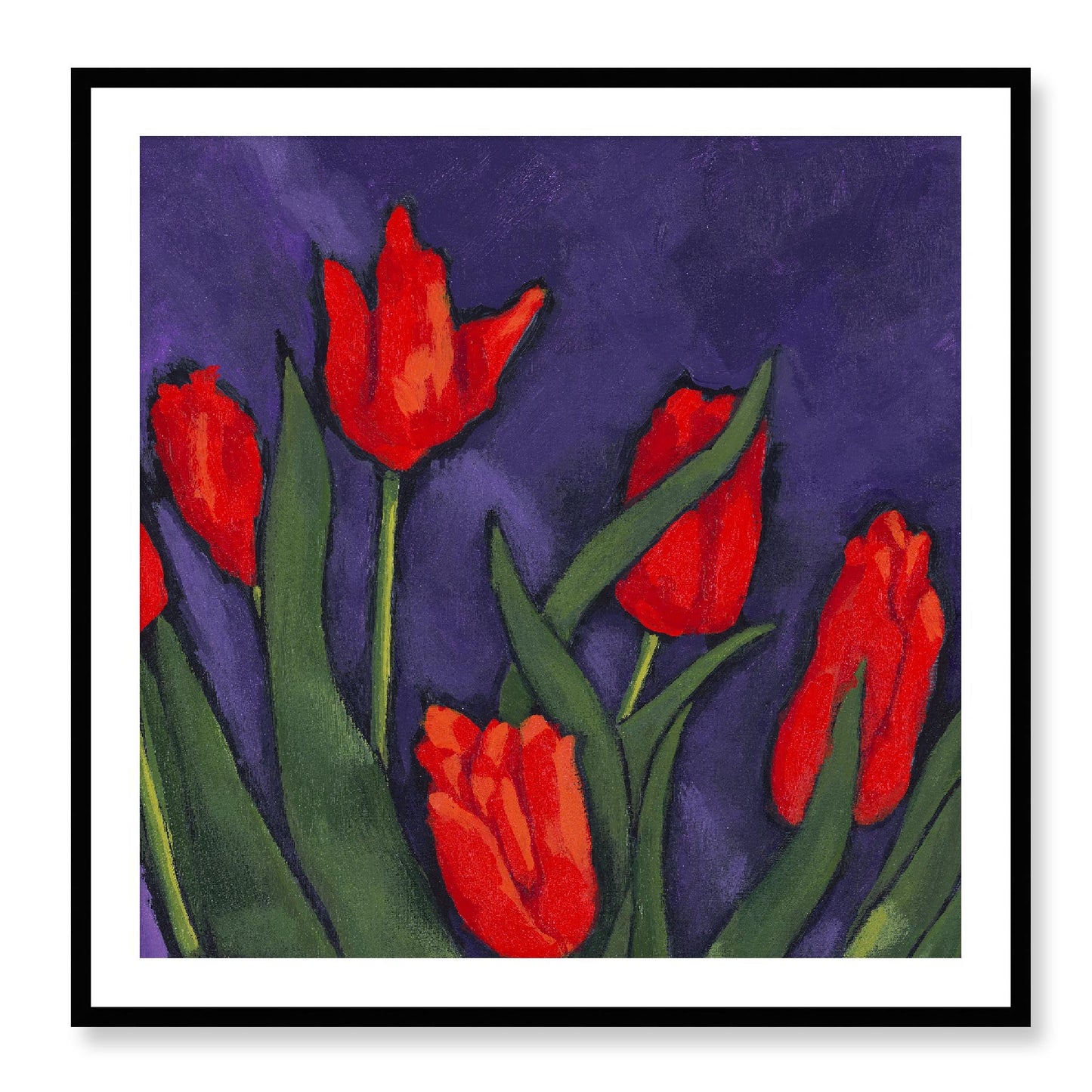 Framed Fine Art Print, White Mat - 12x12 16x16 20x20 24x24 28x28 32x32 36x36 40x40 inches | Red Tulips in Acrylic, FPS-1111, Prints, Fine art, Black Frame, 91 x 91 cm ,36 x 36 inches