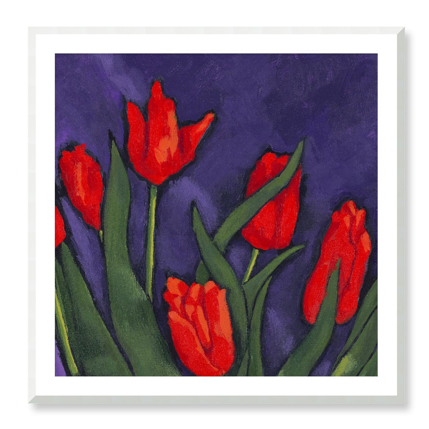 Framed Fine Art Print, White Mat - 12x12 16x16 20x20 24x24 28x28 32x32 36x36 40x40 inches | Red Tulips in Acrylic, FPS-1111, Prints, Fine art, Natural Frame, 91 x 91 cm ,36 x 36 inches