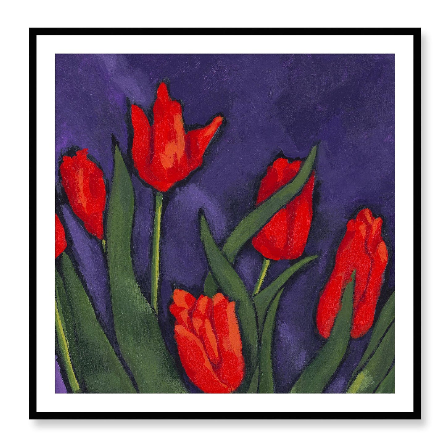 Framed Fine Art Print, White Mat - 12x12 16x16 20x20 24x24 28x28 32x32 36x36 40x40 inches | Red Tulips in Acrylic, FPS-1111, Prints, Fine art, Black Frame, 102 x 102 cm ,40 x 40 inches