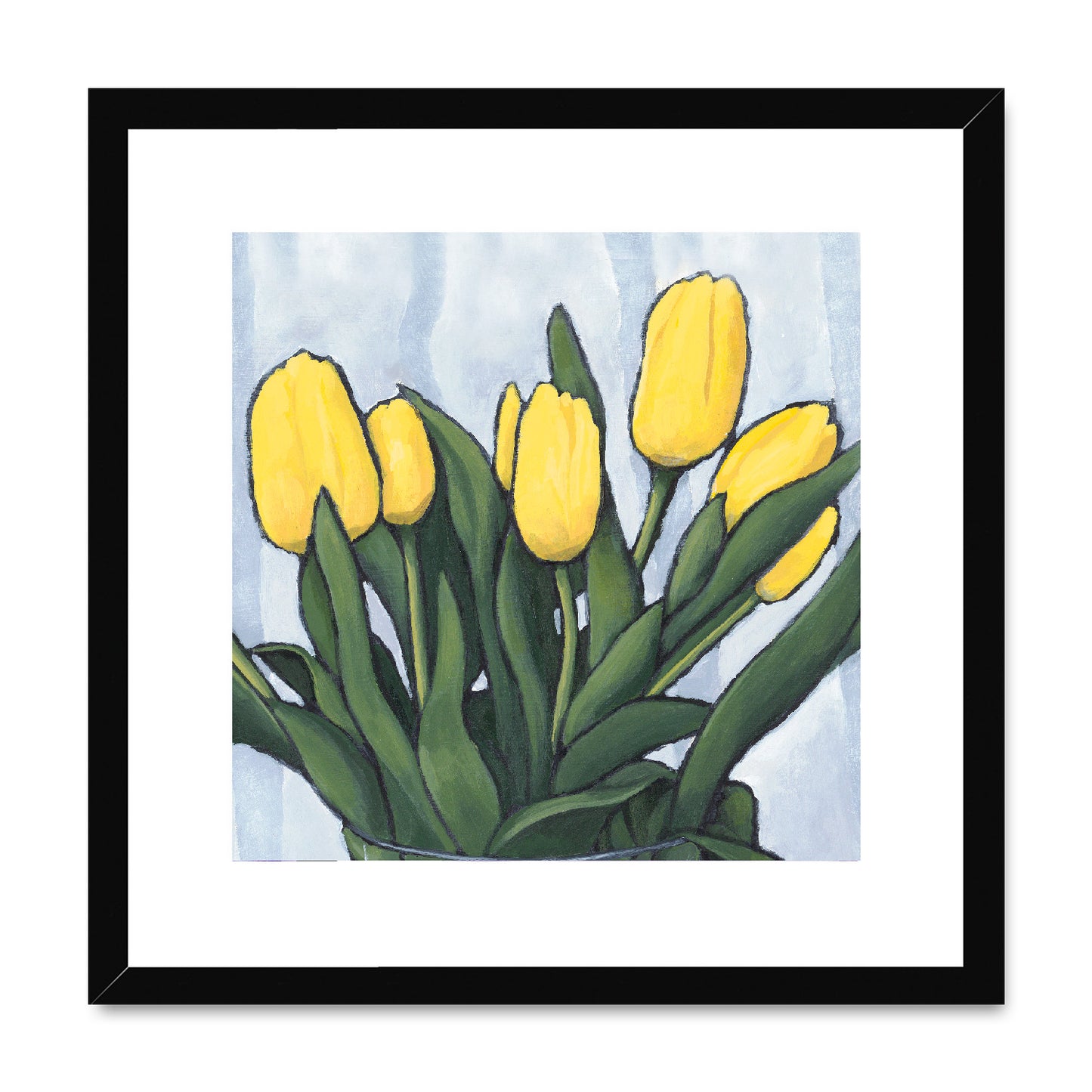 Framed Fine Art Print, White Mat,Yellow Tulips in Acrylic, FPS-1120, 16"x16", Black Frame