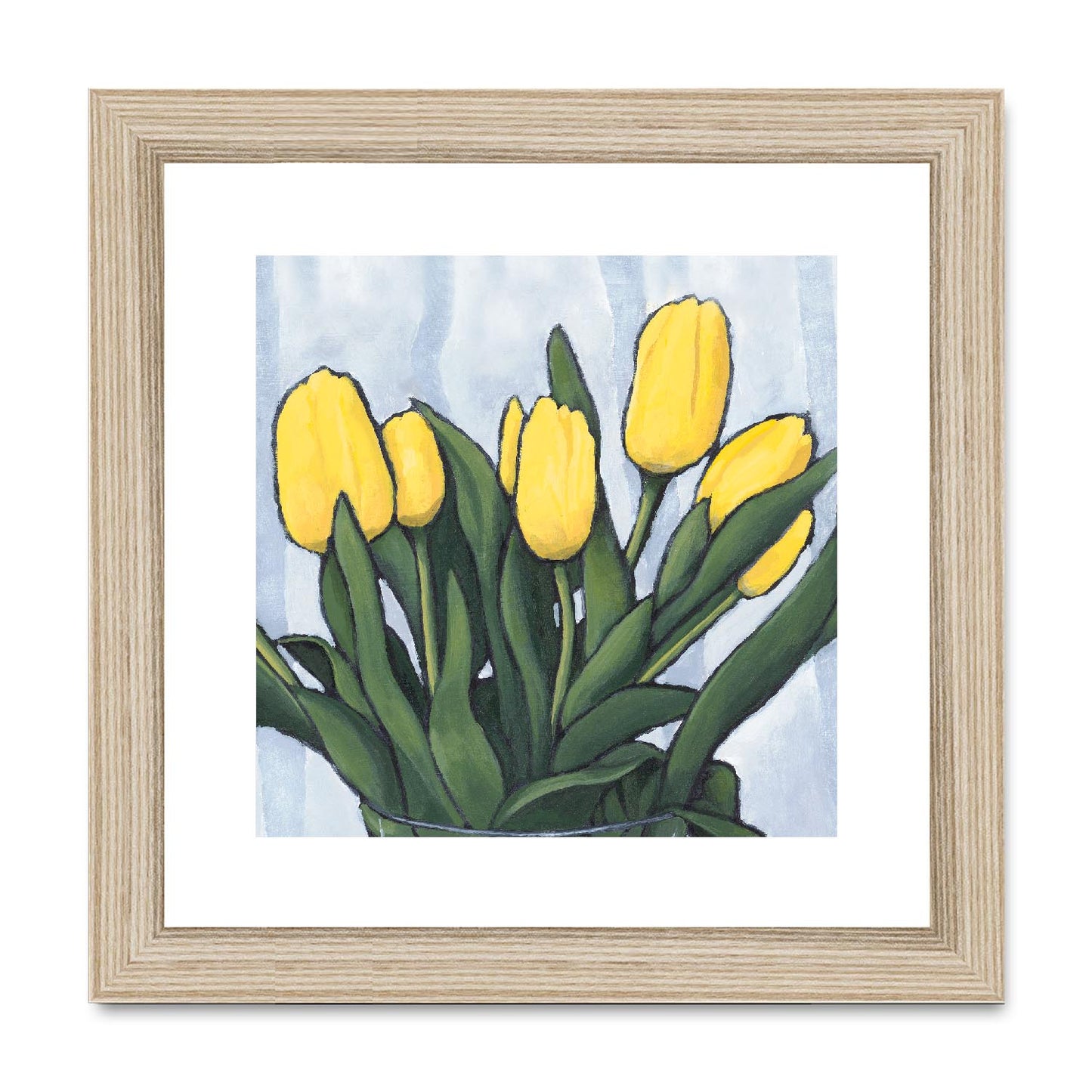 Framed Fine Art Print, White Mat,Yellow Tulips in Acrylic, FPS-1120, 8"x8", Natural Frame
