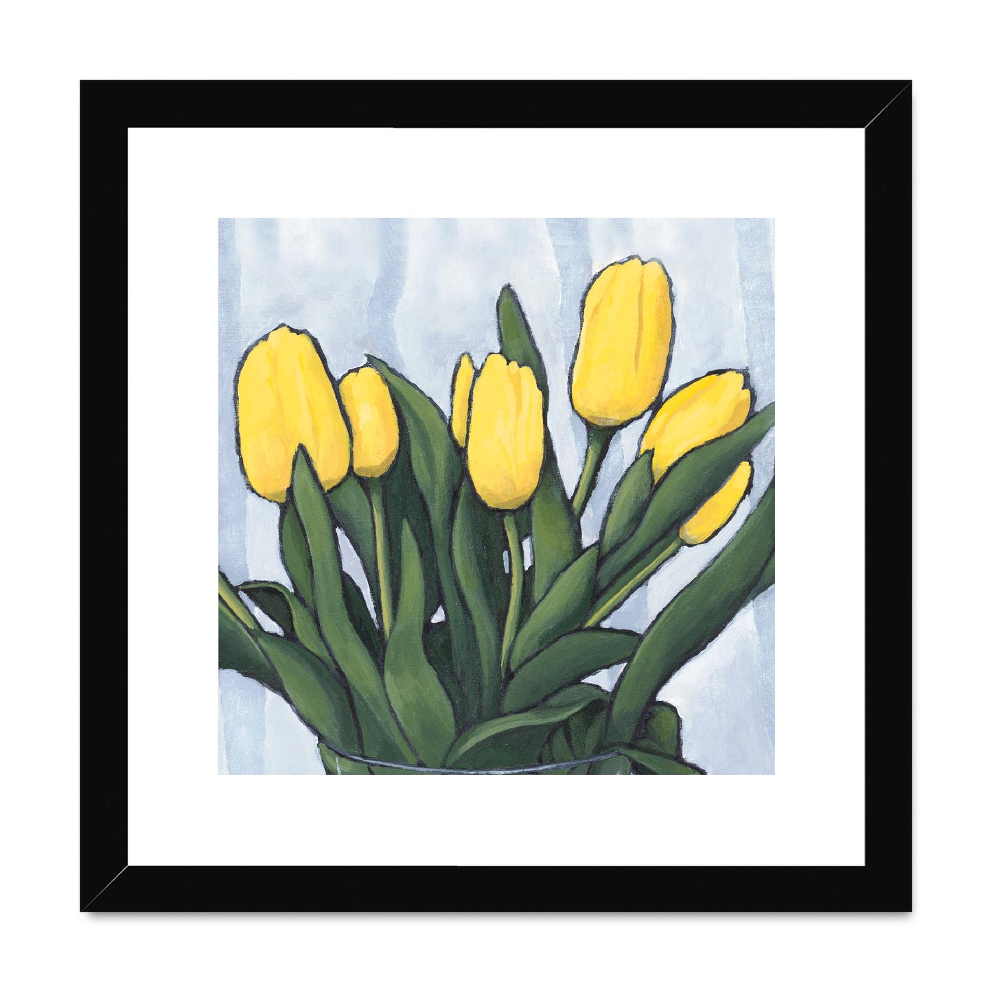 Framed Fine Art Print, White Mat,Yellow Tulips in Acrylic, FPS-1120, 12"x12", Black Frame