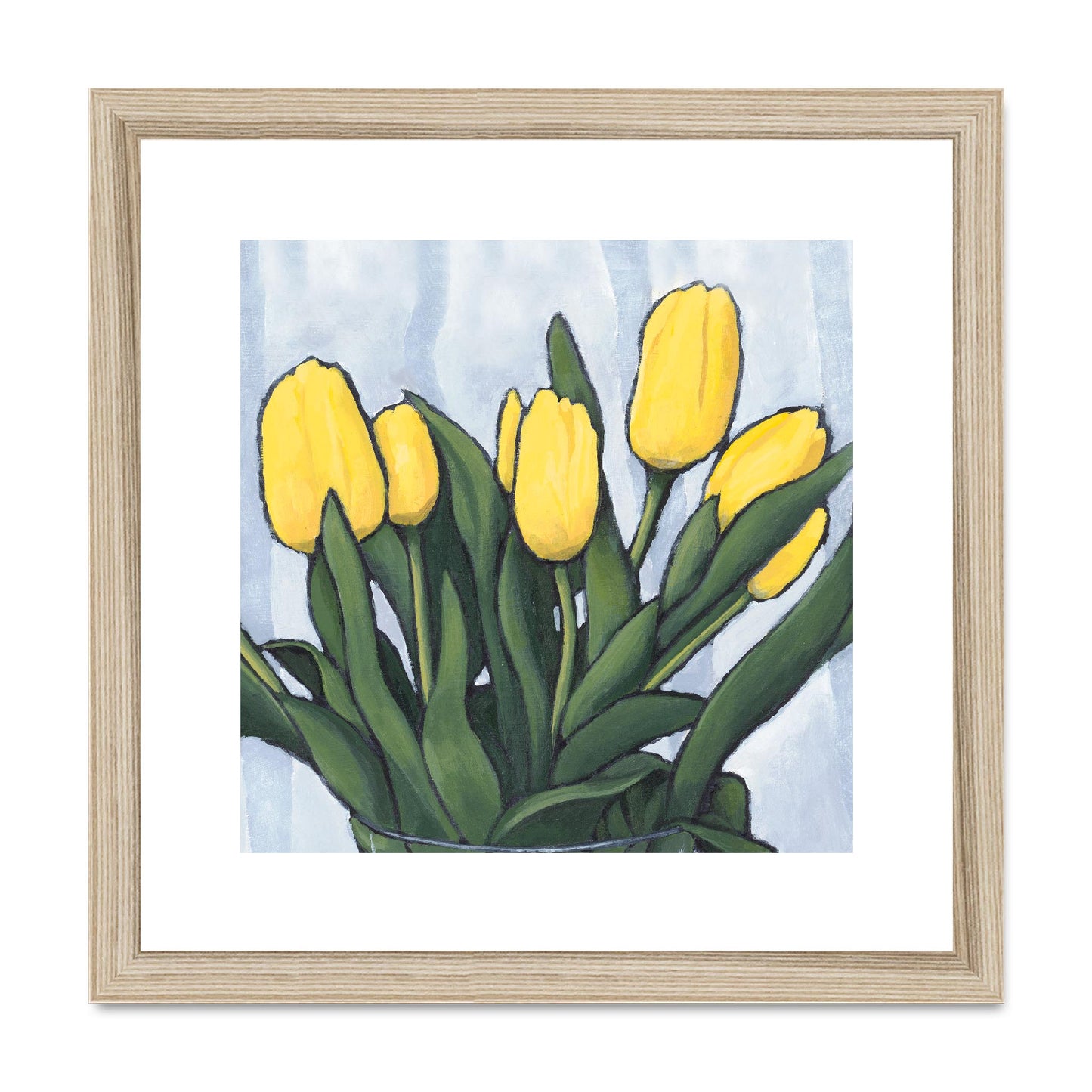 Framed Fine Art Print, White Mat,Yellow Tulips in Acrylic, FPS-1120, 12"x12", Natural Frame