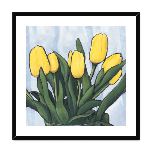 Framed Fine Art Print, White Mat,Yellow Tulips in Acrylic, FPS-1120, 24"x24", Black Frame