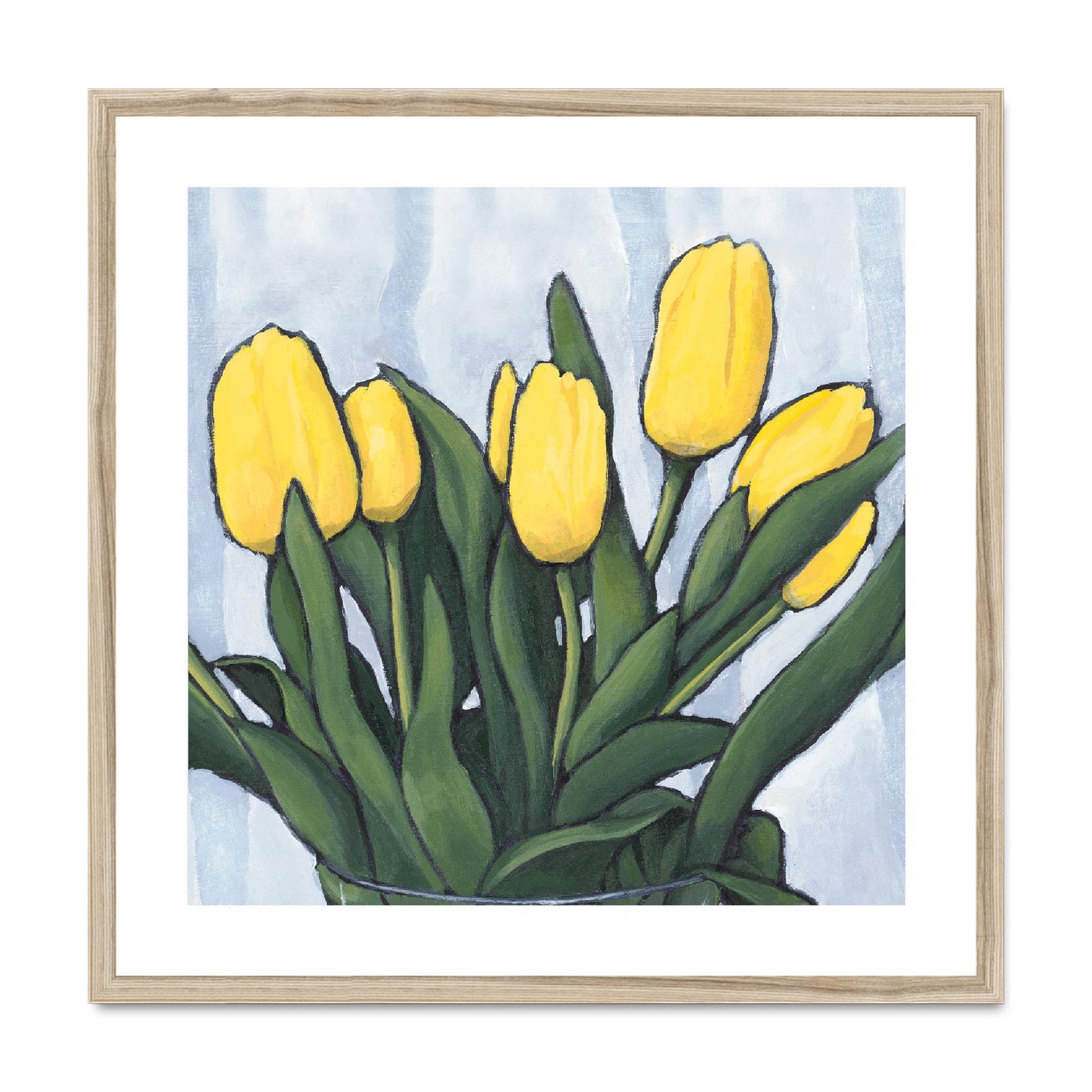 Framed Fine Art Print, White Mat,Yellow Tulips in Acrylic, FPS-1120, 24"x24", Natural Frame