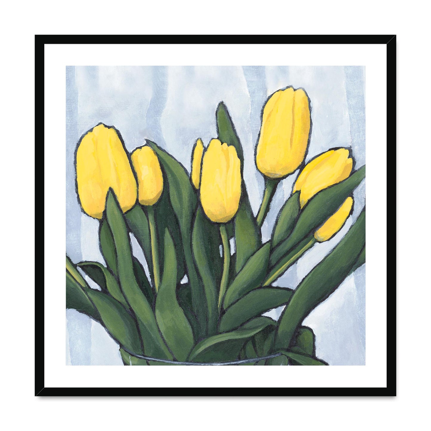Framed Fine Art Print, White Mat,Yellow Tulips in Acrylic, FPS-1120, 28"x28", Black Frame