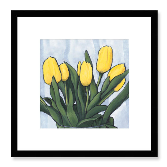 Framed Fine Art Print, White Mat - 12x12 16x16 20x20 24x24 28x28 32x32 inches | Yellow Tulips in Acrylic, FPS-1120, Prints, Fine art, Black Frame, 30 x 30 cm ,12 x 12 inches