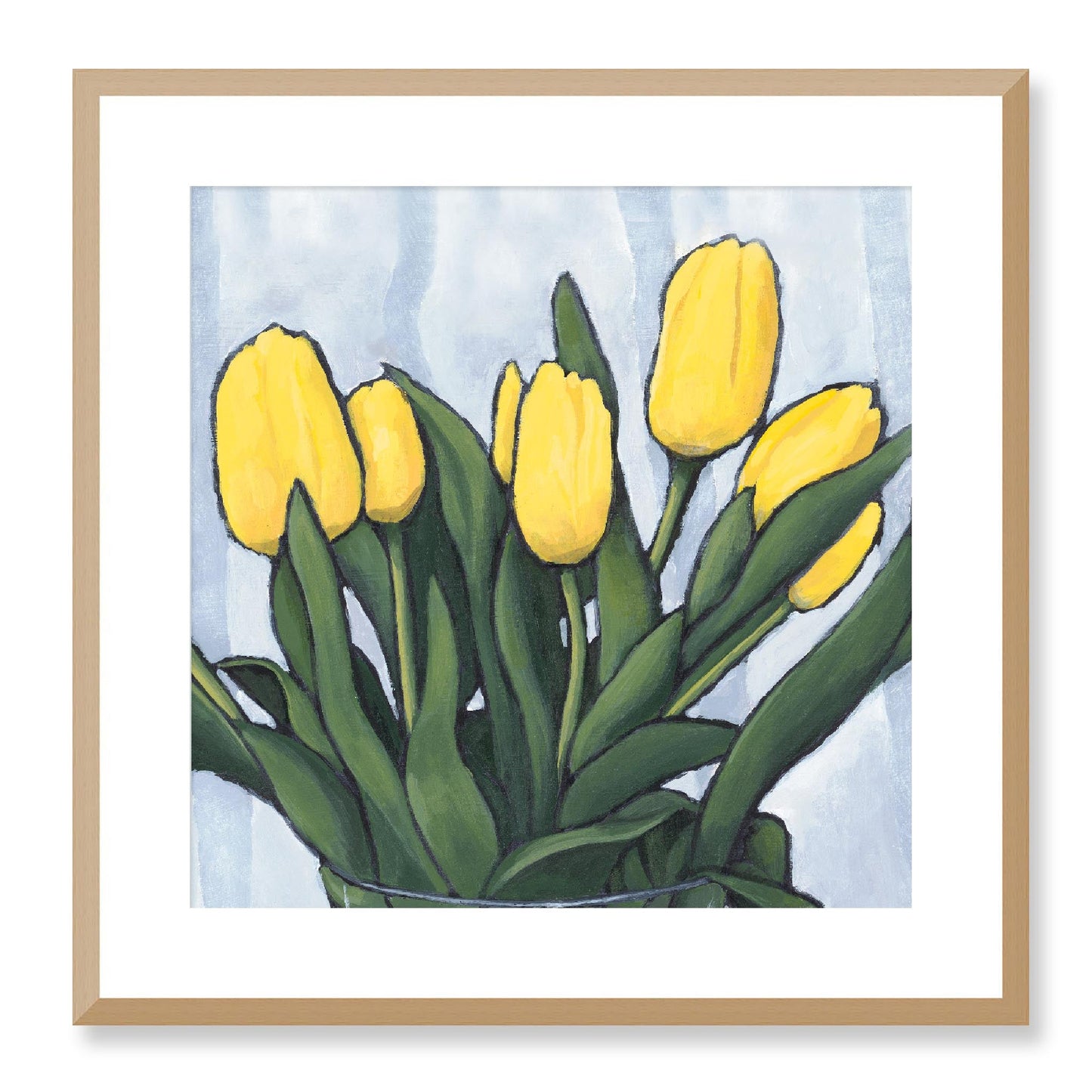 Framed Fine Art Print, White Mat - 12x12 16x16 20x20 24x24 28x28 32x32 inches | Yellow Tulips in Acrylic, FPS-1120, Prints, Fine art, Natural Frame, 51 x 51 cm ,20 x 20 inches