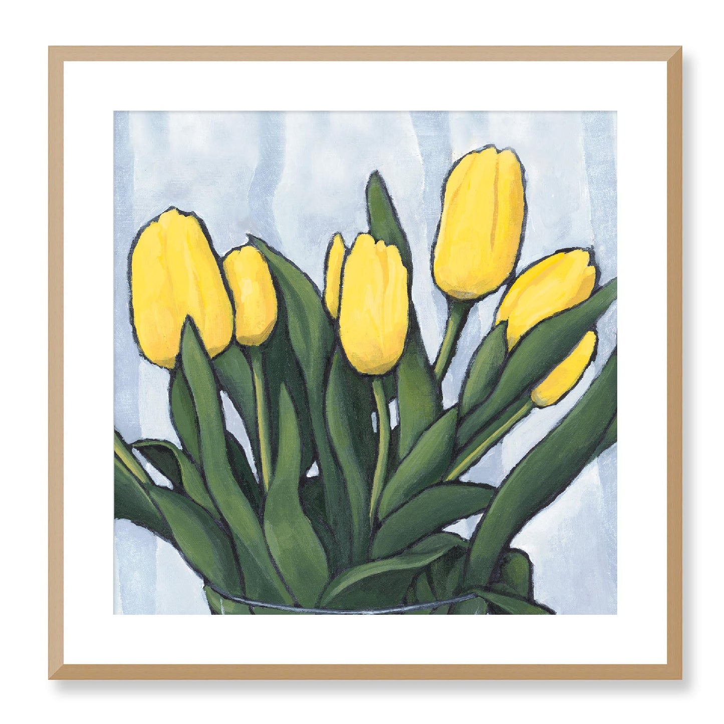 Framed Fine Art Print, White Mat - 12x12 16x16 20x20 24x24 28x28 32x32 inches | Yellow Tulips in Acrylic, FPS-1120, Prints, Fine art, Natural Frame, 61 x 61 cm ,24 x 24 inches