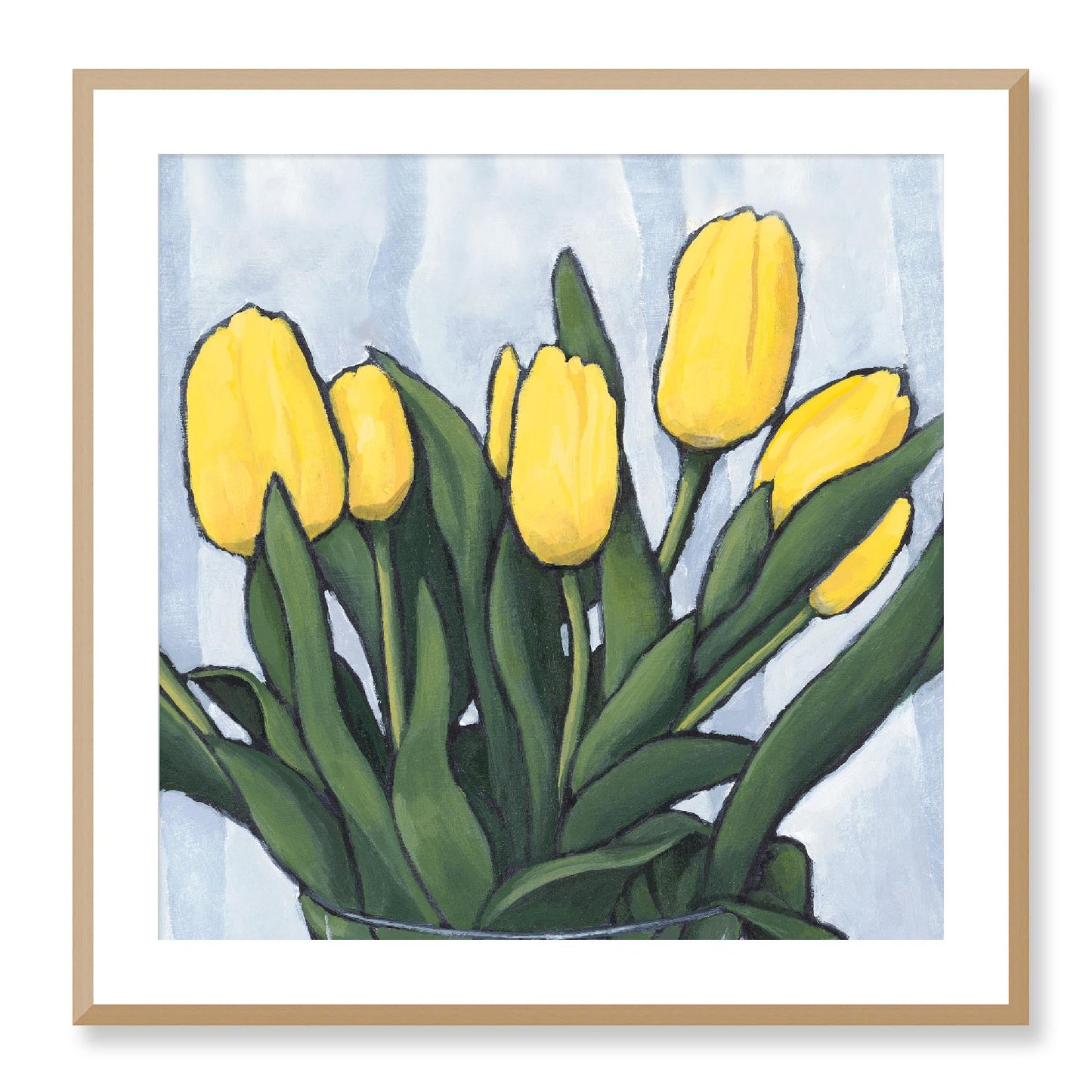Framed Fine Art Print, White Mat - 12x12 16x16 20x20 24x24 28x28 32x32 inches | Yellow Tulips in Acrylic, FPS-1120, Prints, Fine art, Natural Frame, 71 x 71 cm ,28 x 28 inches