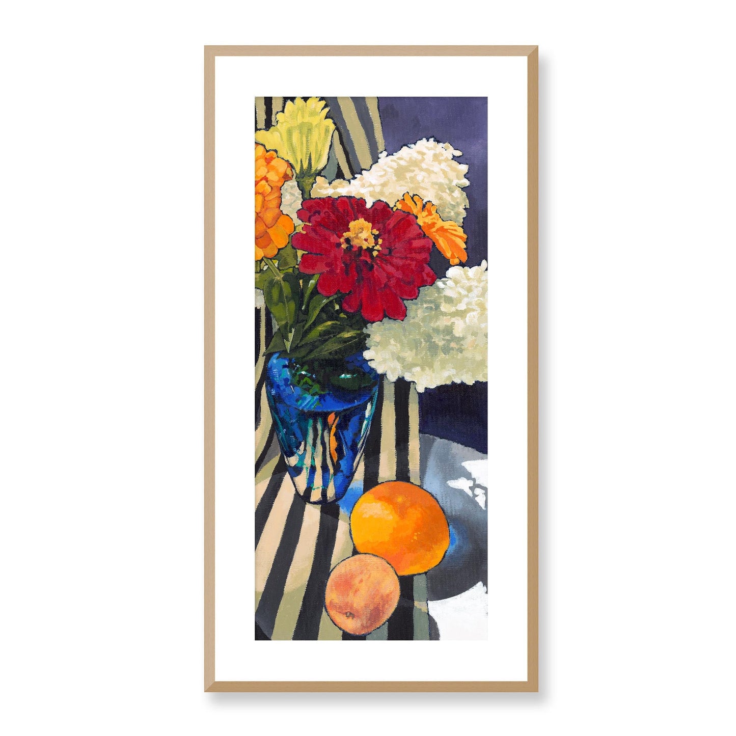 Framed Fine Art Print, White Mat - 16x32 inches | Hydrangeas & Zinnias, FPT-1030-1121-001, Prints, Fine art, Natural Frame, 41 x 81 cm ,16 x 32 inches