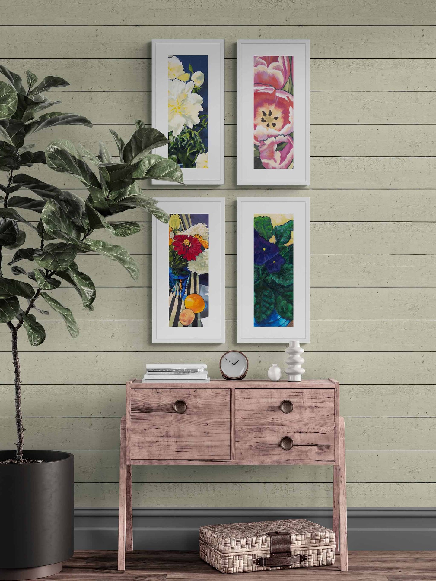 Framed Fine Art Print, White Mat - 16x32 inches | White Peonies, FPT-1050