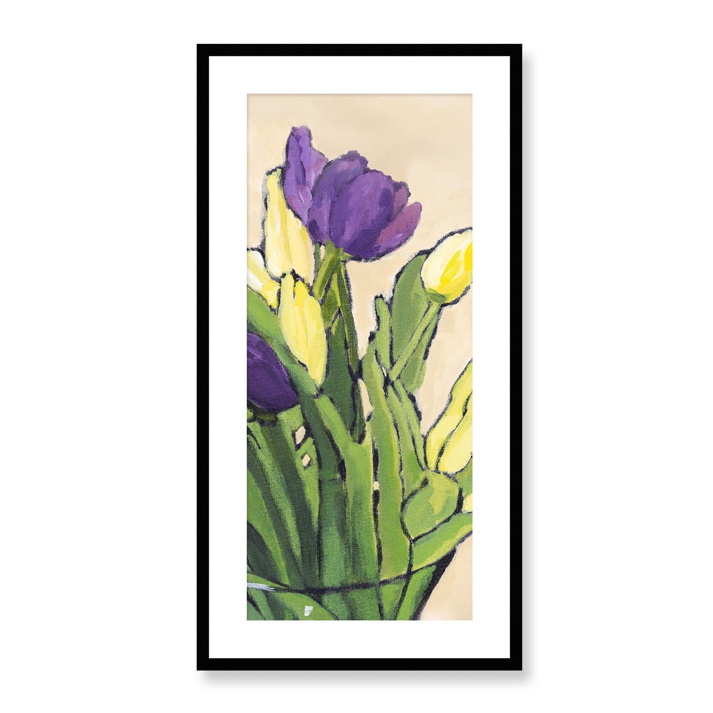 Framed Fine Art Print, White Mat - 16x32 inches | Purple & Yellow Tulips, FPT-1060-1117-001, Prints, Fine art, Black Frame, 41 x 81 cm ,16 x 32 inches